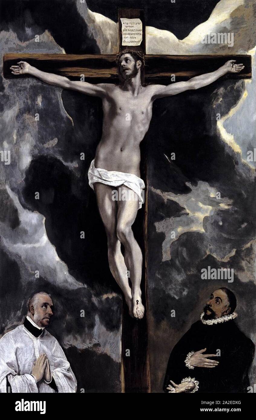 El Greco - Christus am Kreuz durch zwei Spender angebetet Stockfoto