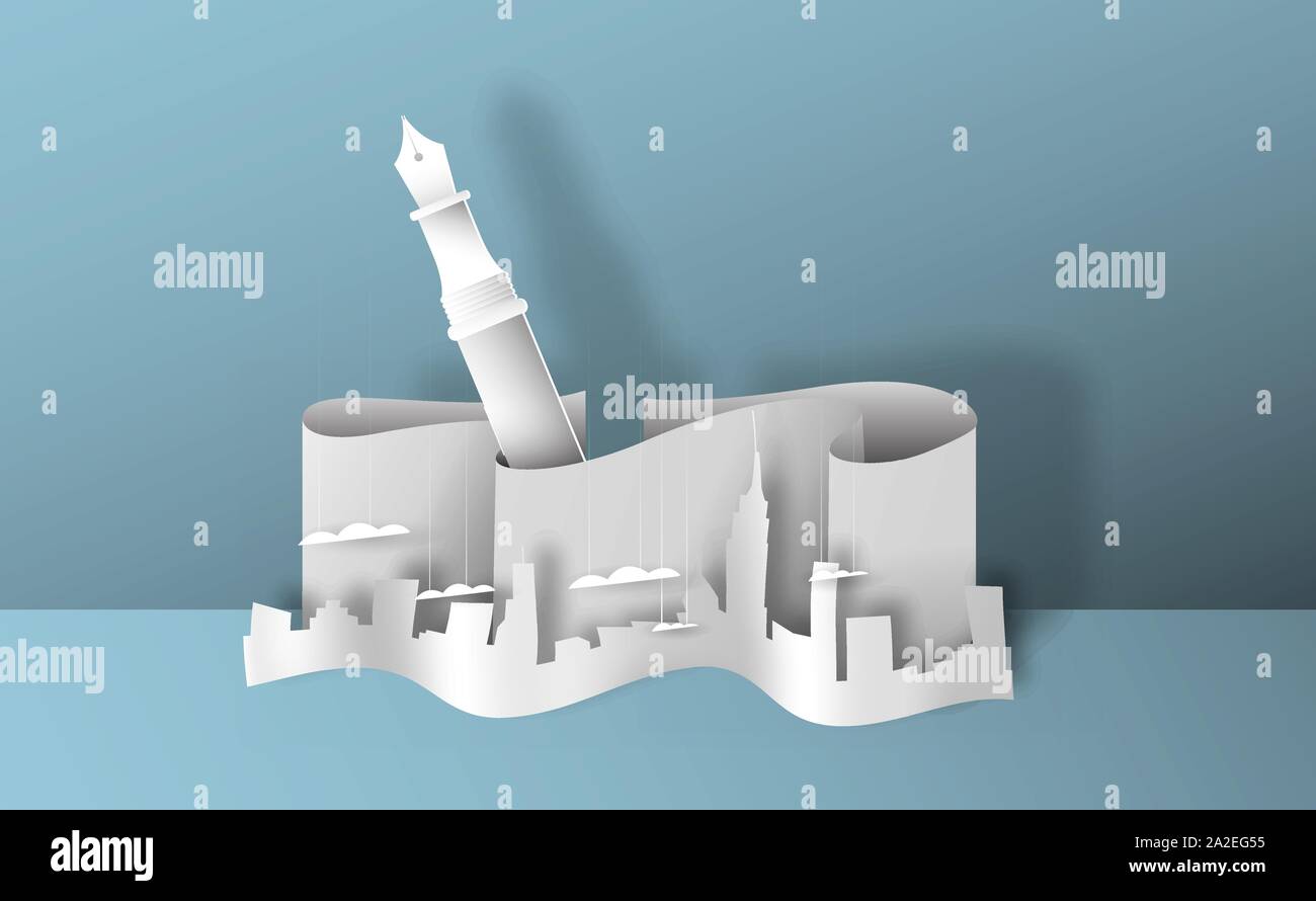 Realistische papercut Stadt Landschaft mit Stift. 3D-Papier ausschnitt Skyline für kreative Architektur Konzept oder Immobilien Projekt. Stock Vektor