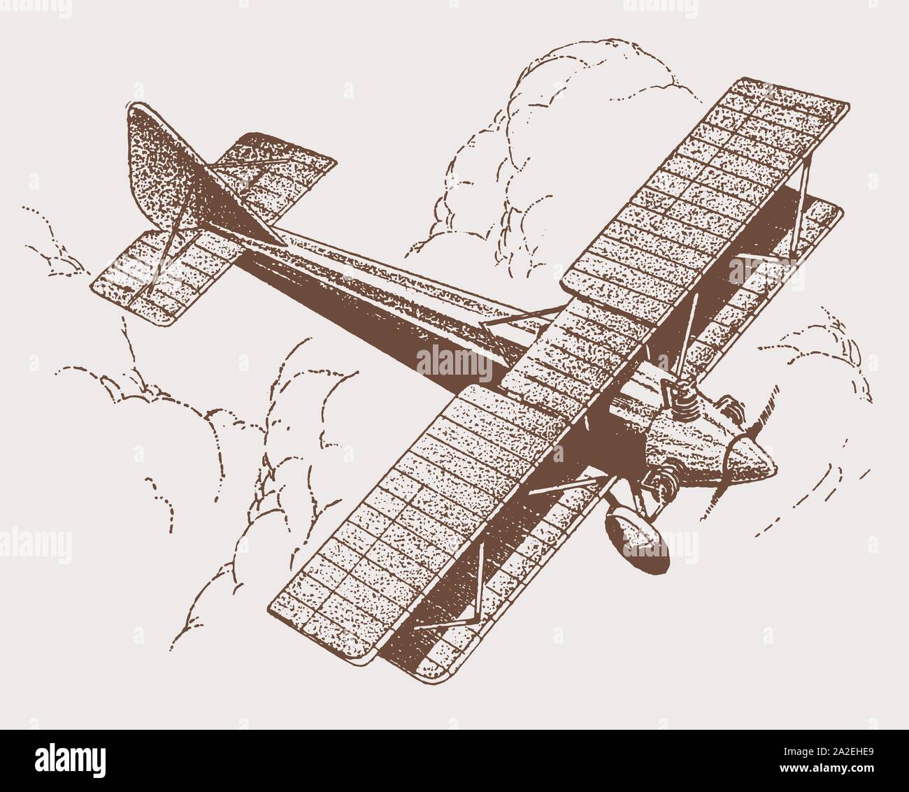 Historische Flugzeug mit klappbaren Flügeln in der Ansicht von oben fliegen über großen Cumuluswolken. Abbildung: Nach einer Lithographie aus dem frühen 20. Jahrhundert Stock Vektor