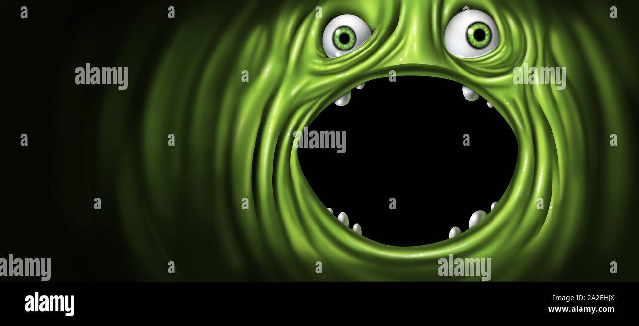 Grüne monster Gesicht wie eine außerirdische Kreatur mit offenem Mund als lustig oder gruselig gruselig ogre Dämon mit Kopieren Leerzeichen oder leere Textfeld als festlich. Stockfoto