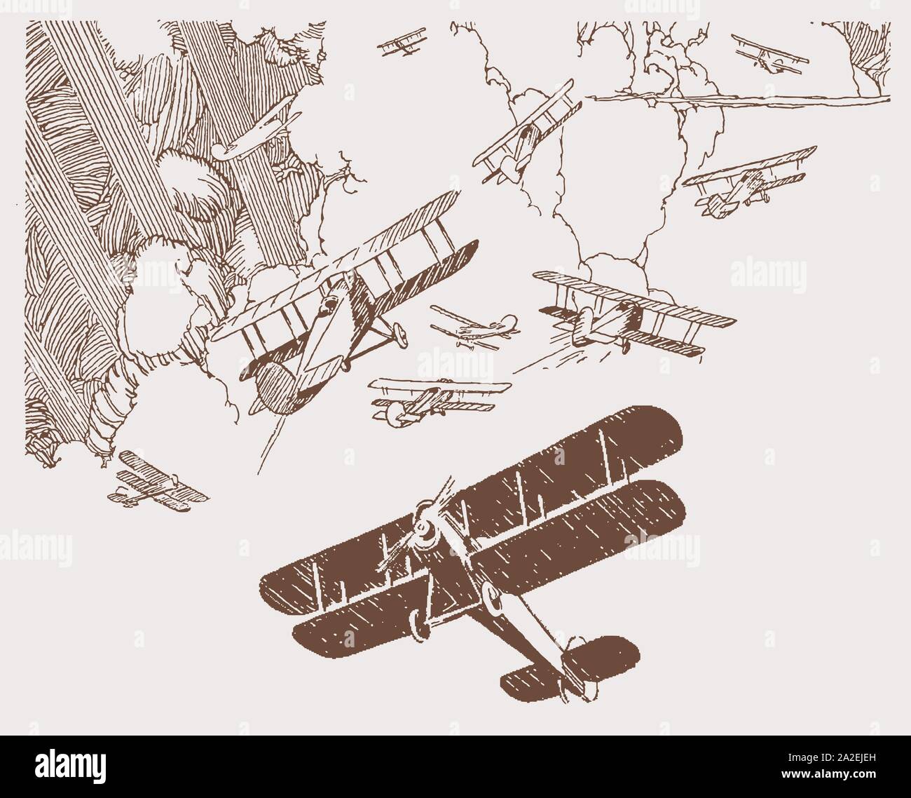 Viele historische Doppeldecker fliegen vor großen cumuluswolken gebrochen durch Sonnenstrahlen. Abbildung: Nach einer Lithographie aus dem frühen 20. Jahrhundert Stock Vektor