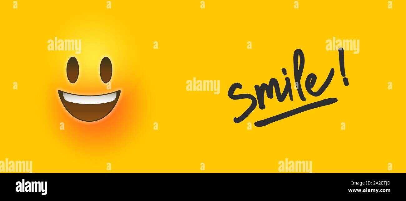 Happy gelbes Emoticon banner Abbildung mit positiven Motivation Zitat zu lächeln. Soziale Grußkarte oder Spaß emotion Konzept. Stock Vektor