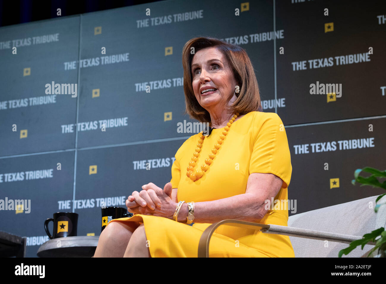 Sprecher der Vereinigten Staaten des Repräsentantenhauses Nancy Pelosi (D-CA) spricht in einem Interview in der Texas Tribüne Festival in Austin, Texas. Stockfoto