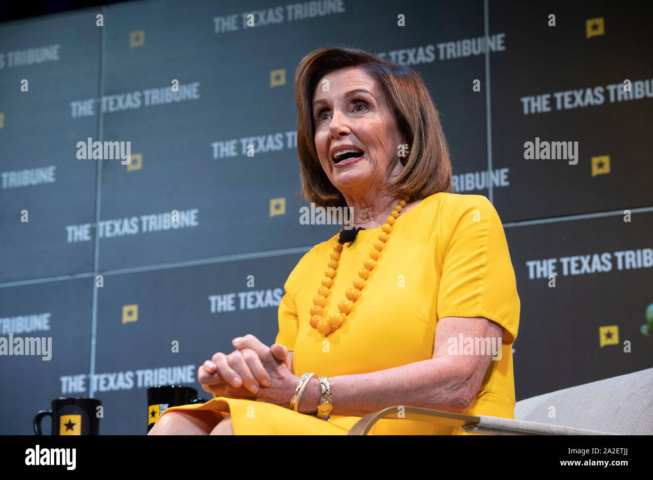 Sprecher der Vereinigten Staaten des Repräsentantenhauses Nancy Pelosi (D-CA) spricht in einem Interview in der Texas Tribüne Festival in Austin, Texas. Stockfoto