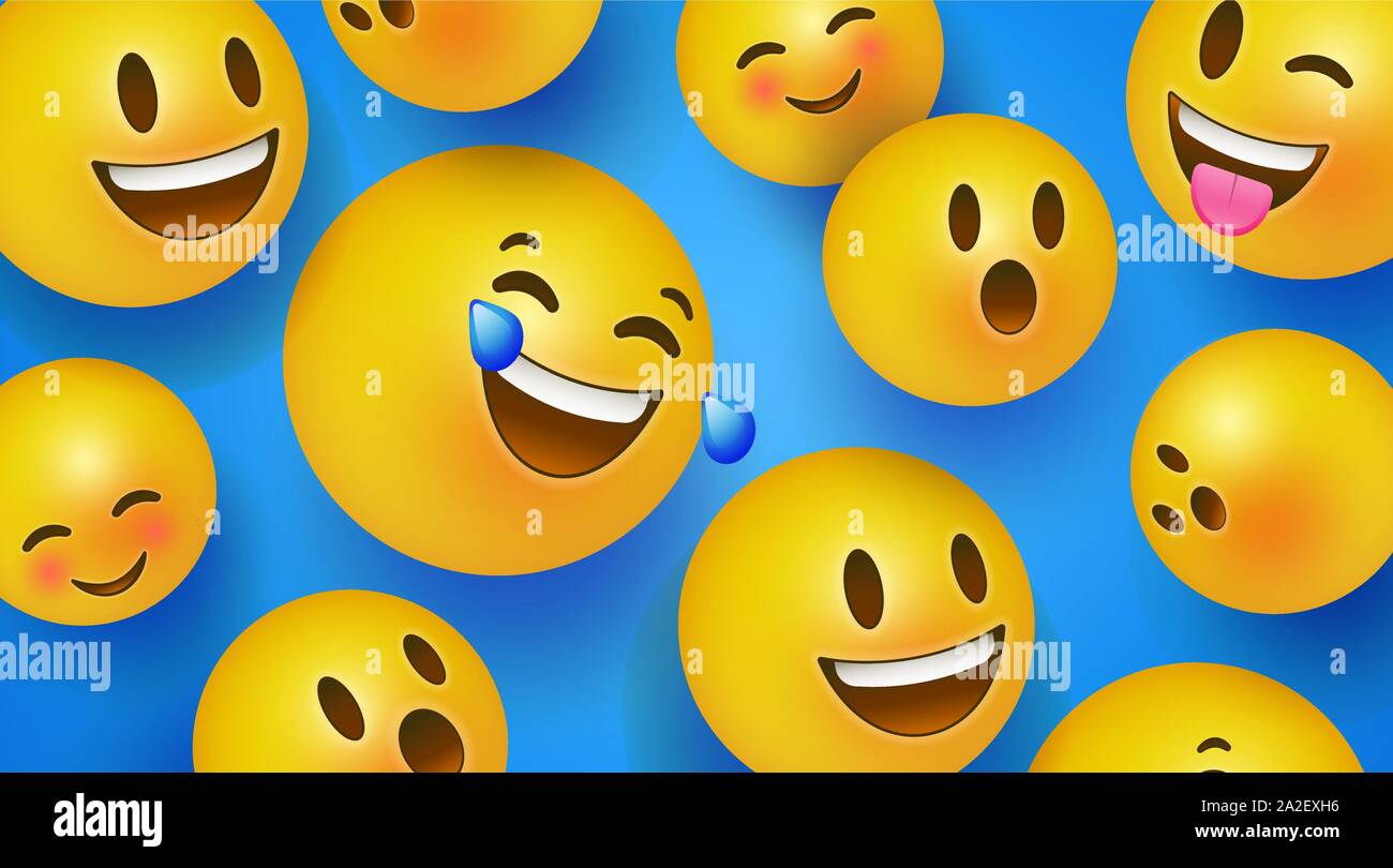 Spaß gelbes Emoticon Gesichter Hintergrund der online Reaktion Symbole. 3D-sozialen Smiley umfasst fröhlich, nett und lustig Emotion. Stock Vektor