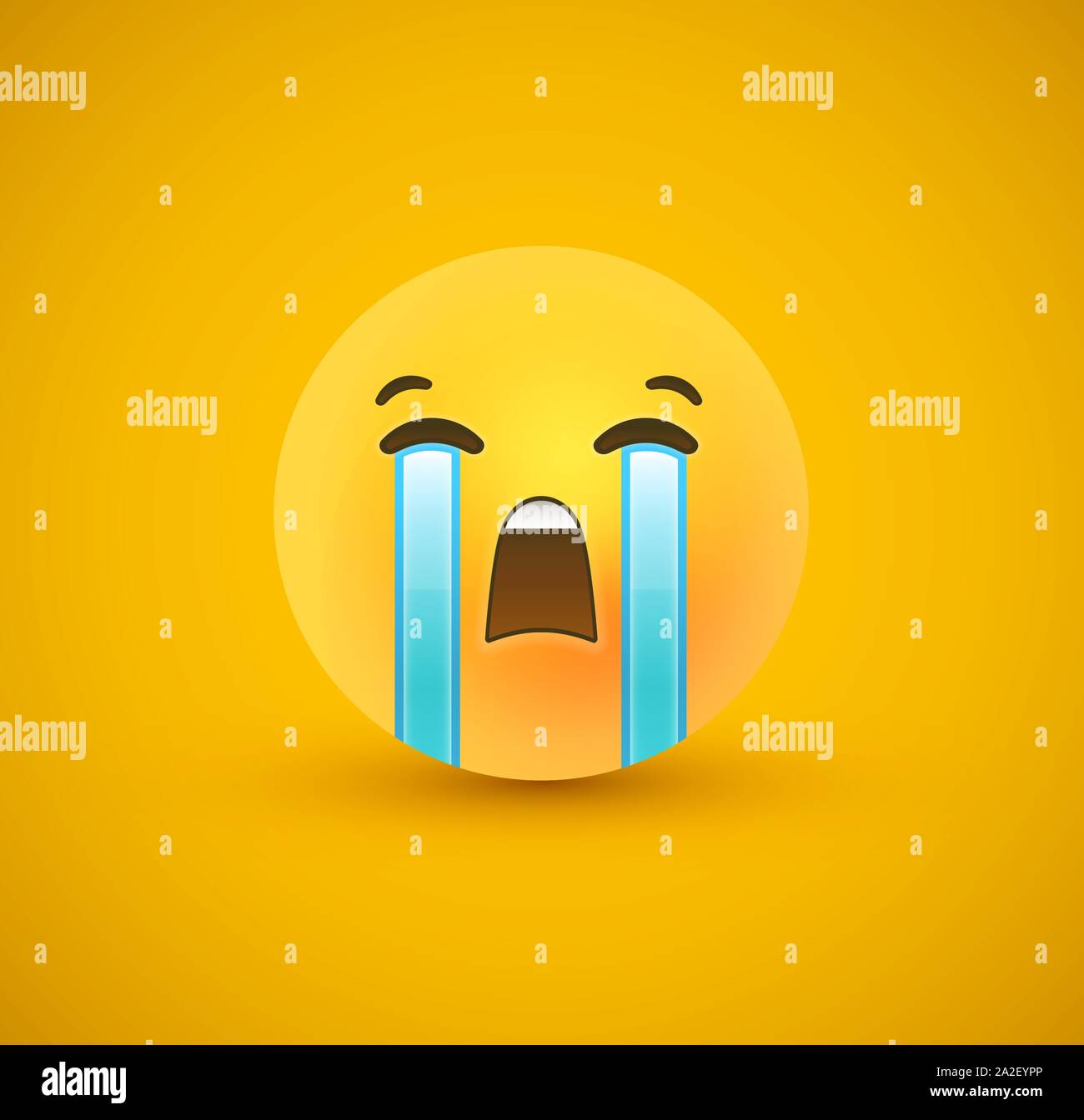 Traurig 3d emoticon Gesicht auf gelben Hintergrund. Moderne Traurigkeit Reaktion für Kinder oder Teenager Ausdruck Konzept. Realistische chat Symbol weinen Tränen. Stock Vektor