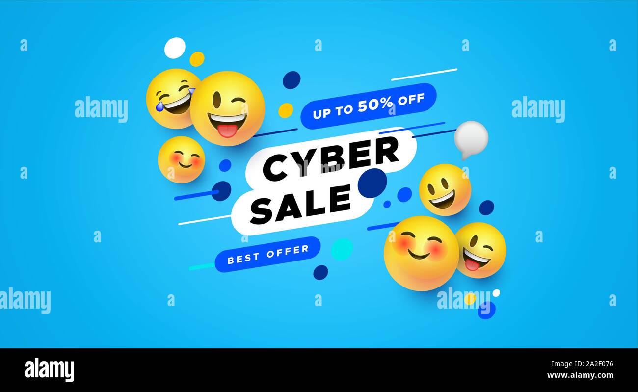 Moderne cyber Verkauf Banner mit gelben Smiley Symbole in 3D-Stil. Social Web Store rabatt Konzept für Technologie Produkt oder On-line-Förderung. Stock Vektor