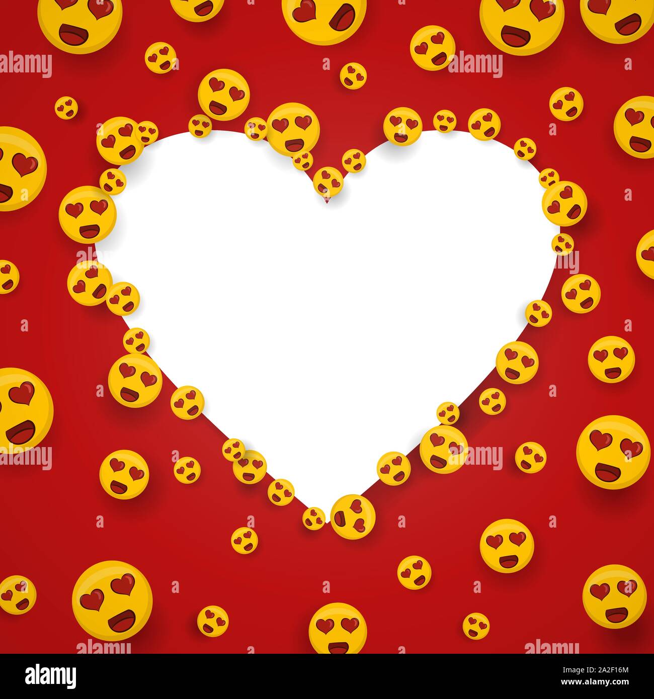 Liebe gelbes Emoticon Symbole auf weiße Kopie space frame Vorlage. Romantische smiley-Gesichter cartoon mit roten Herzen Augen. Stock Vektor