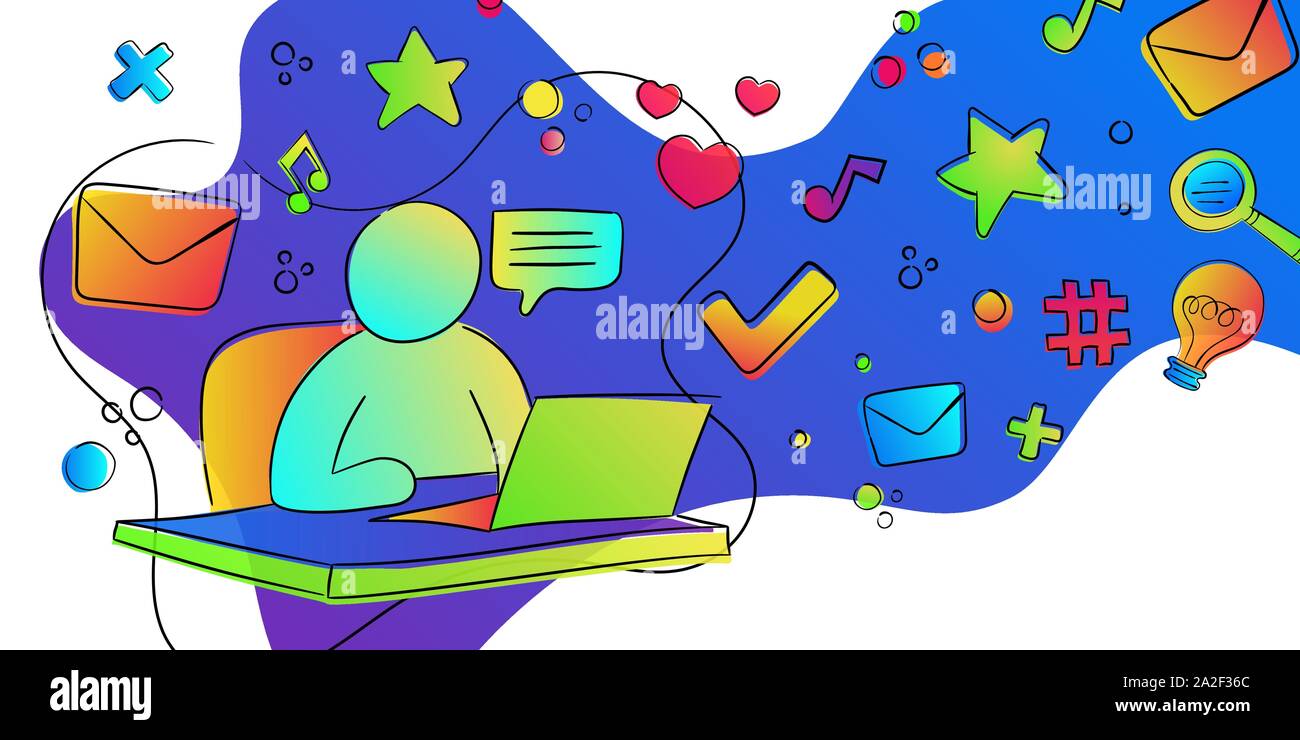 Freier Mitarbeiter mit Laptop und bunten Farbverlauf Symbole für Online Kommunikation Konzept oder soziales Netzwerk Verbindung. Stock Vektor