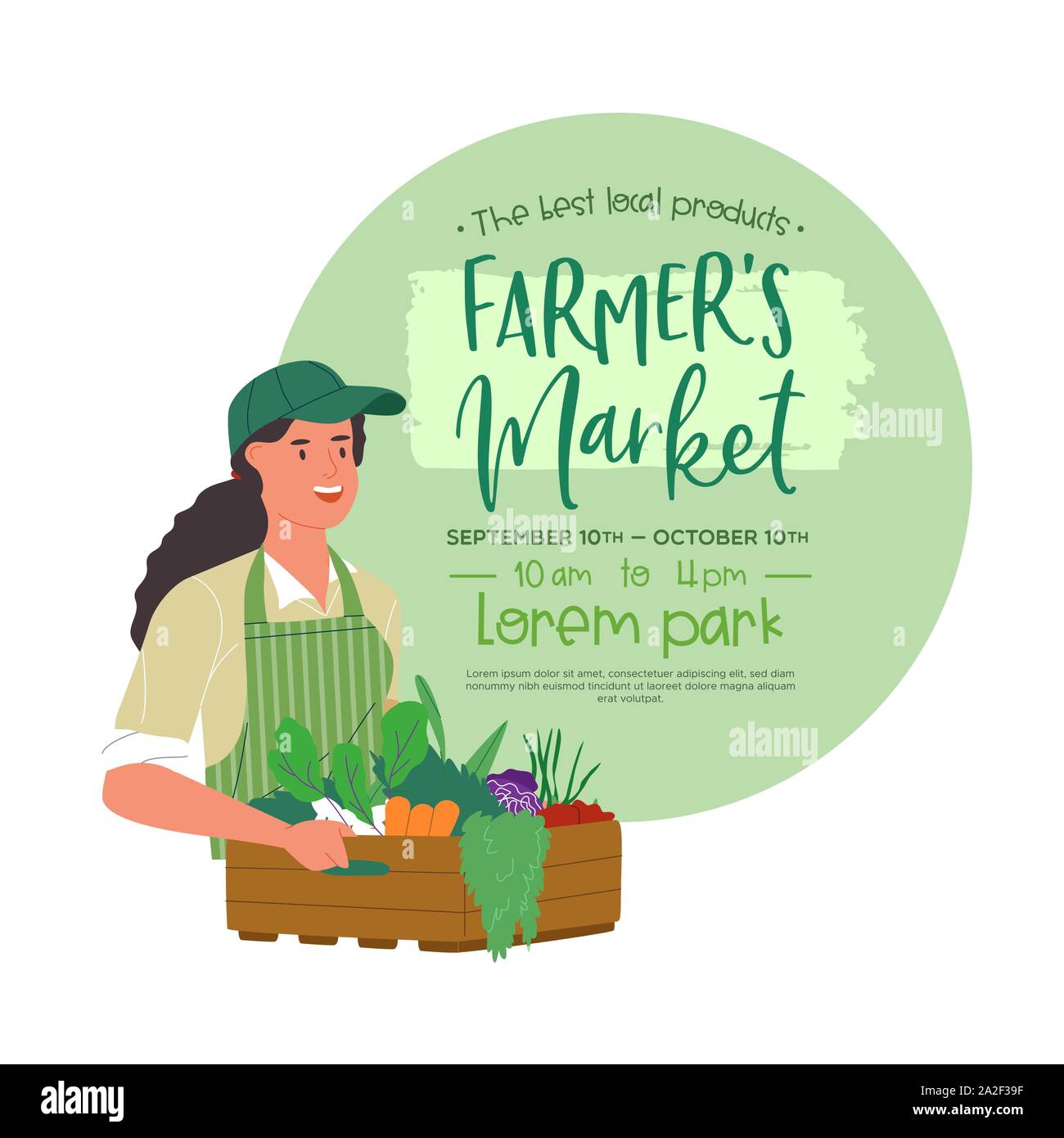 Bauernmarkt Veranstaltung Vorlage für ökologisch erzeugte Lebensmittel und den ökologischen Landbau Produkt verkaufen. Happy farm worker Frau mit Gemüse Kiste im Cartoon Stil. Stock Vektor