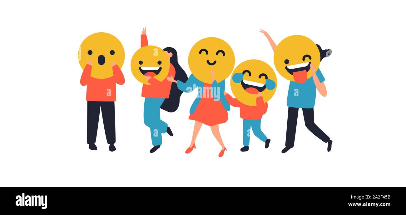 Menschen mit lustigen smiley Gesicht Symbole auf dem isolierten Hintergrund. Soziale Ausdruck Konzept beinhaltet lachen, lächeln, Zunge wink. Stock Vektor