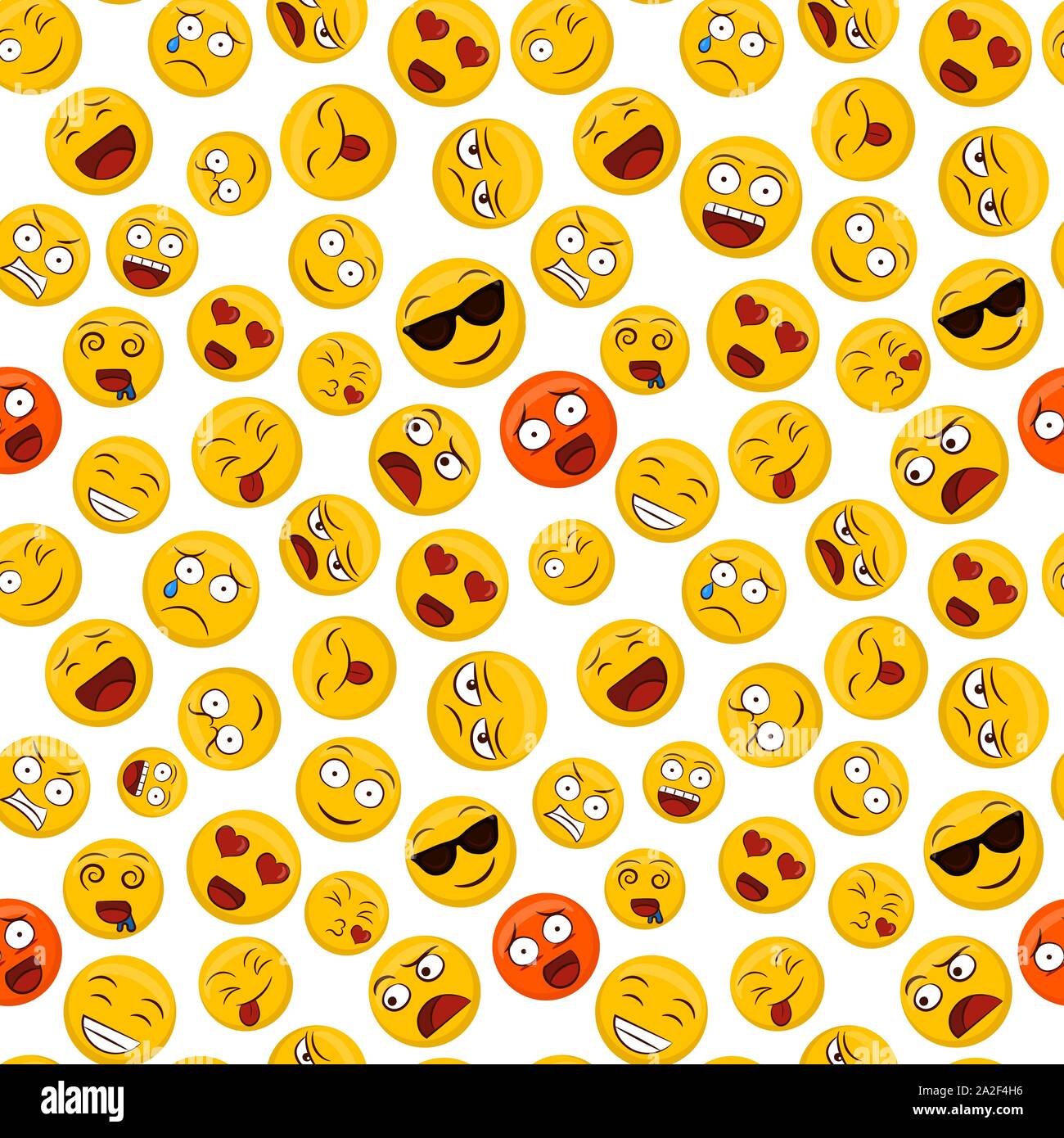 Lustige gelbe Smiley nahtlose Muster, soziale Chat Emoticons Hintergrund mit Spaß Reaktionen gehören Herzen Augen, Lachen und glücklich Emotion. Stock Vektor