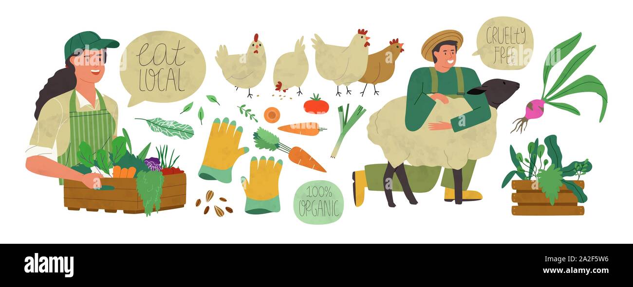 Bauer Produktion der Landwirtschaft beschäftigten Menschen, Gemüse und Tiere in der modernen Flachbild Cartoon Stil. Bauernmarkt Sammlung Konzept. Stock Vektor