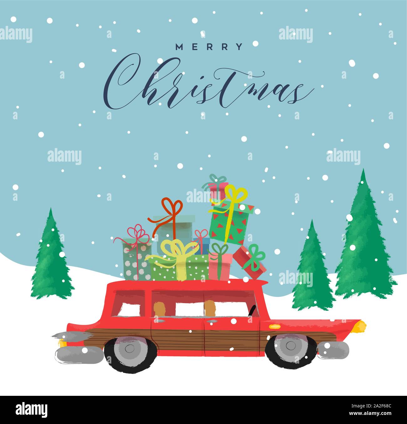 Frohe Weihnachten Grußkarte Abbildung: Lustig Hand gezeichnet retro Auto mit Urlaub Geschenkboxen. Winter scene für festliche xmas event. Stock Vektor