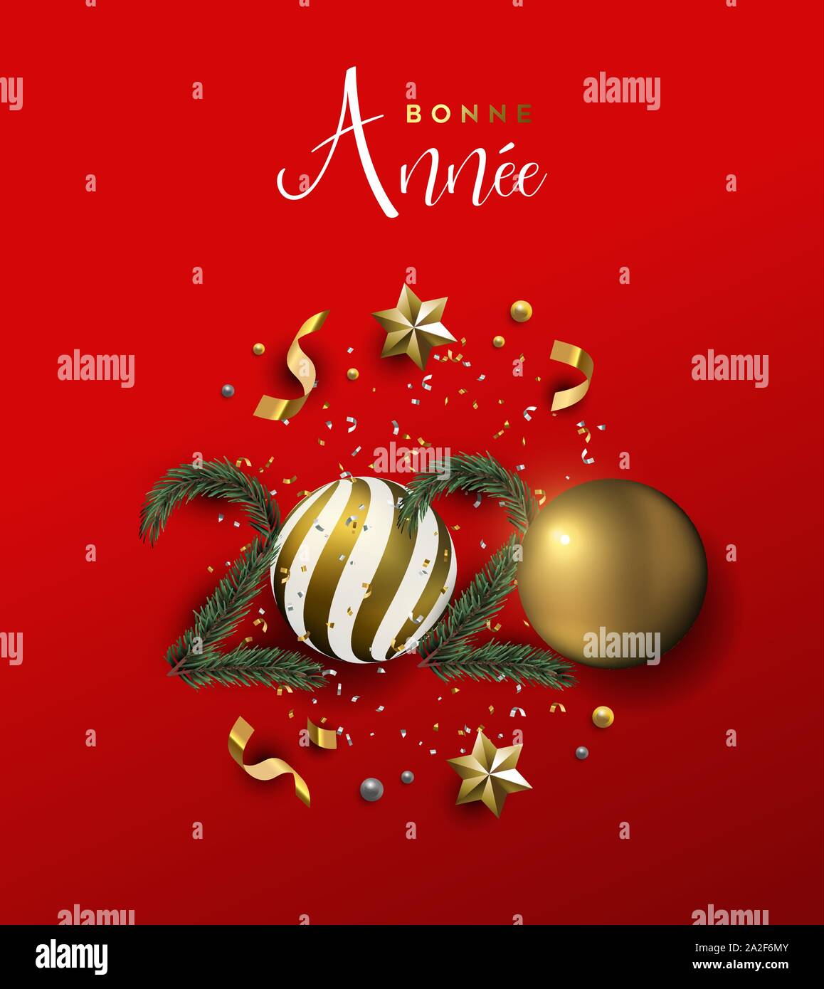 Frohes Neues Jahr französische Sprache Grußkarte von Gold 3d-Urlaub Dekoration in der Form Nummer 2020. Xmas Aufhänger Christbaumkugeln, Kiefern- und goldenen Sternen auf Stock Vektor