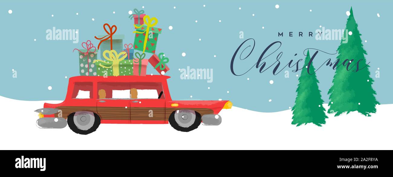 Frohe Weihnachten Grußkarten banner Abbildung: Lustig Hand gezeichnet retro Auto mit Urlaub Geschenkboxen. Winter scene für festliche xmas event. Stock Vektor