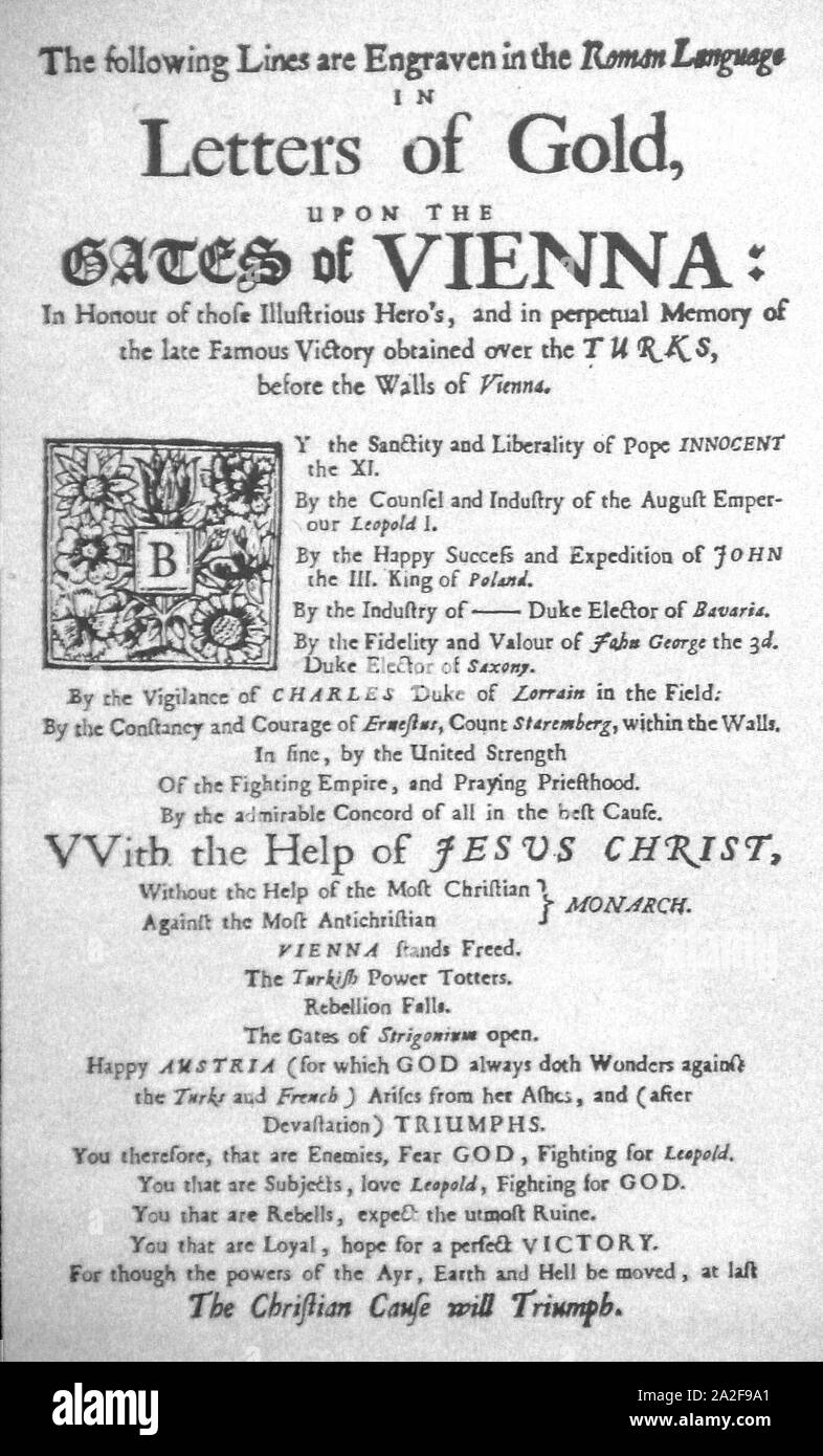 Englisch Broschüre kritisieren Louis XIV. für seine mangelnde Unterstützung bei der Belagerung von Wien 1683 alt. Stockfoto