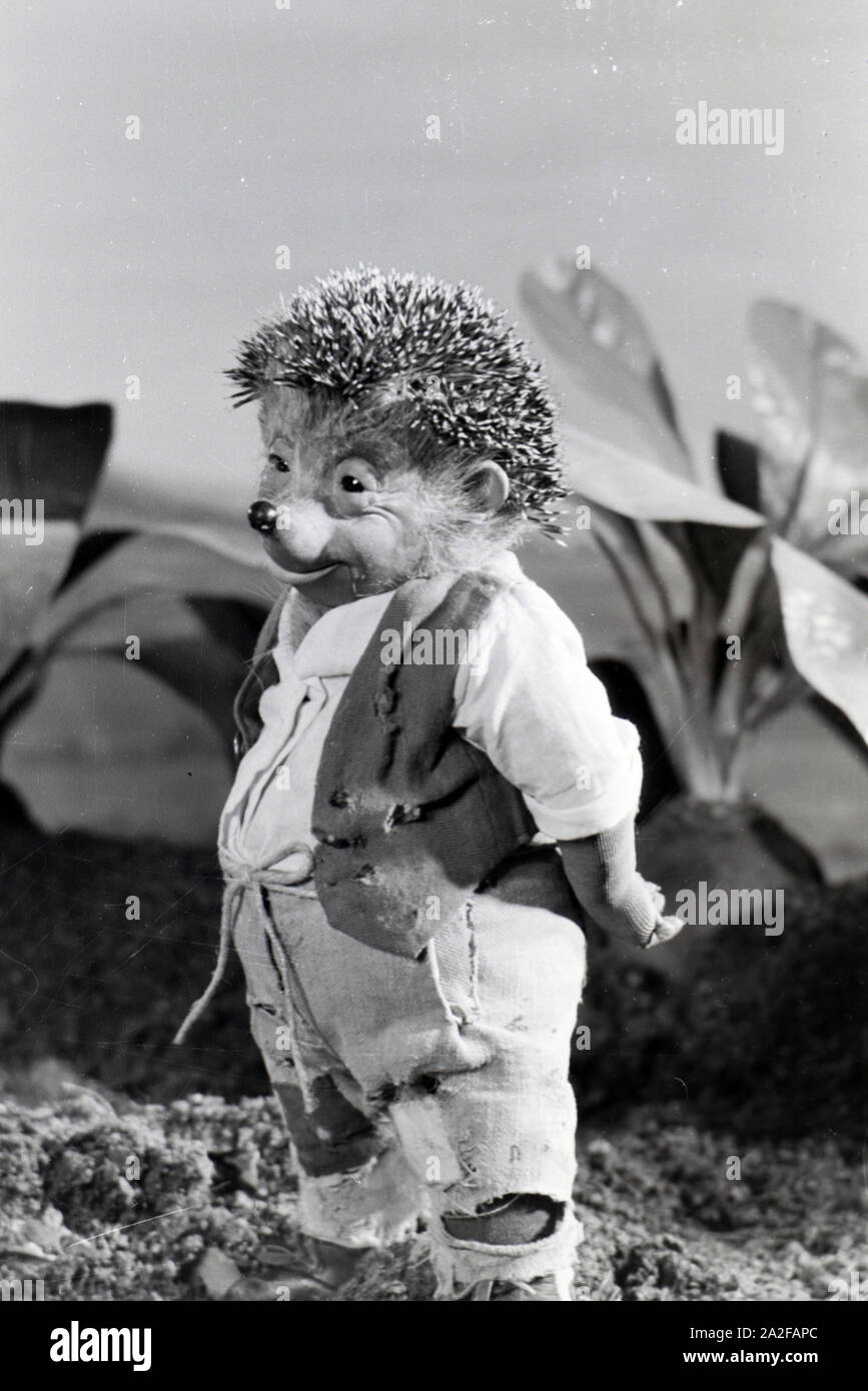 Filmaufnahmen mit dem Satz vom Puppenfilm "Der Wettlauf zwischen dem Hasen und dem Igel mit der Figur Mecki, unter der Produktion und Leitung der Gebrüder Diehl, Deutschland 1930er Jahre. Die Dreharbeiten zu dem Satz der Marionette Film Der Wettlauf zwischen dem Hasen und dem Igel mit dem Charakter Mecki, produziert und durch die Diehl Brüder geleitet, Deutschland 1930. Stockfoto