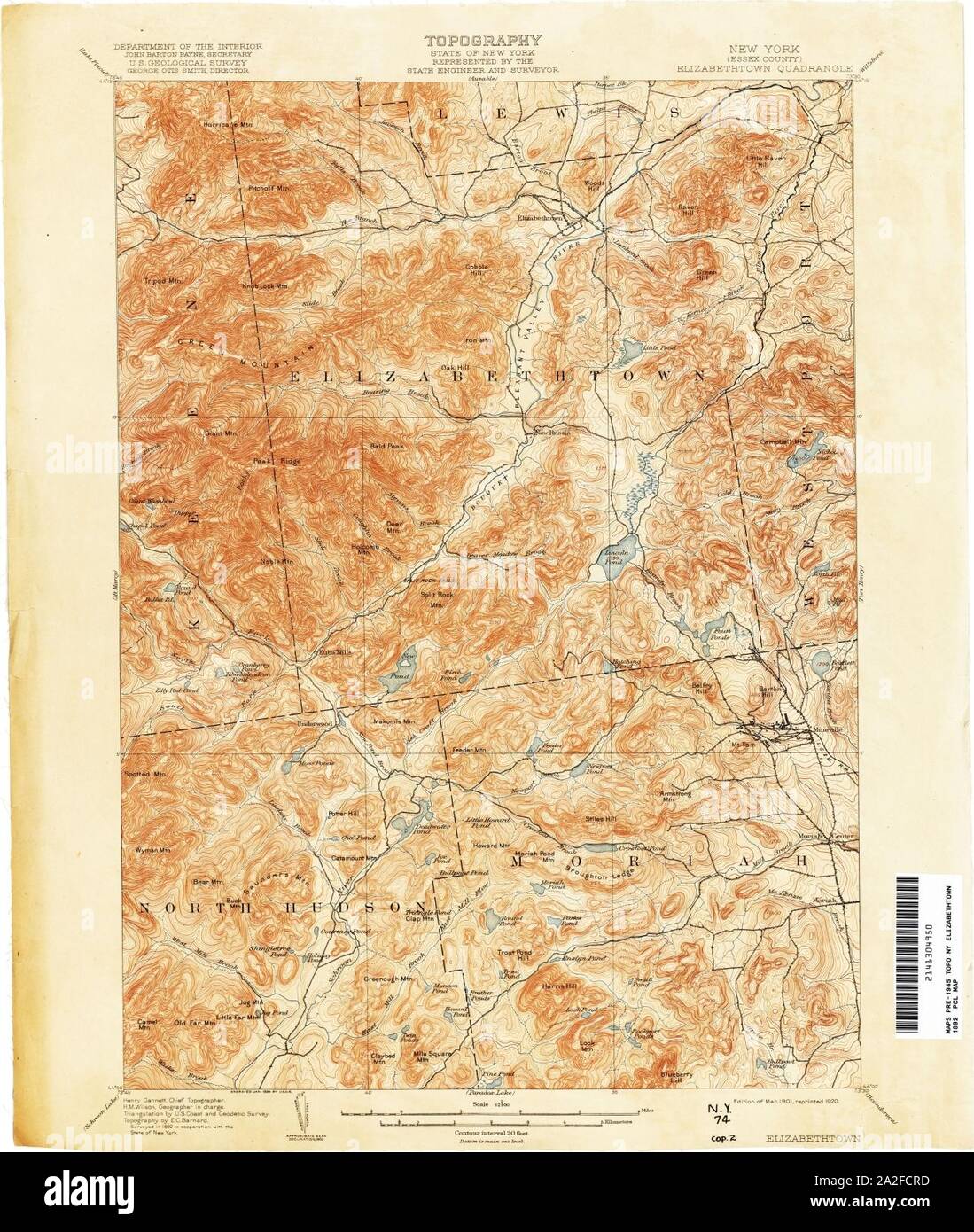 Elizabethtown New York USGS Topo Karte 1892. Stockfoto