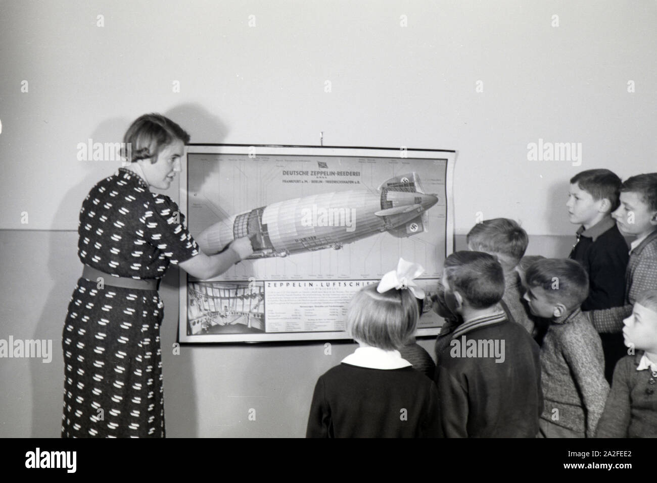 Eine Schulklasse lässt sich mit großem Interesse von ihrer Lehrerin den Aufbau eines Zeppeline erklären, Zeppelin Siedlung bei Frankfurt am Main, Deutschland 1930er. Ein Lehrer erklärt den Bau einer zeppelinl zu ihrer Schüler, die Hören mit großem Interesse sind, zeppelin Dorf in der Nähe von Frankfurt am Main, Deutschland 1930. Stockfoto
