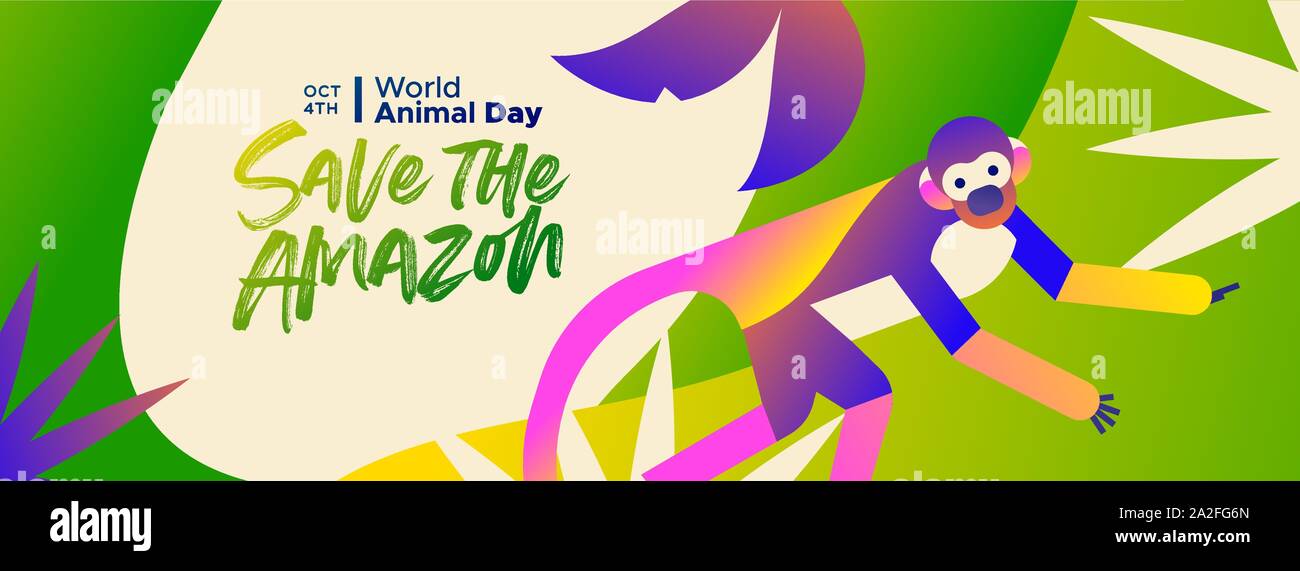 Speichern Sie die Amazon Web Banner Illustration für Welt Tier Tag, gefährdete Arten Erhaltung Konzept. Brasilianischen Regenwald Totenkopfäffchen in modernen Stock Vektor