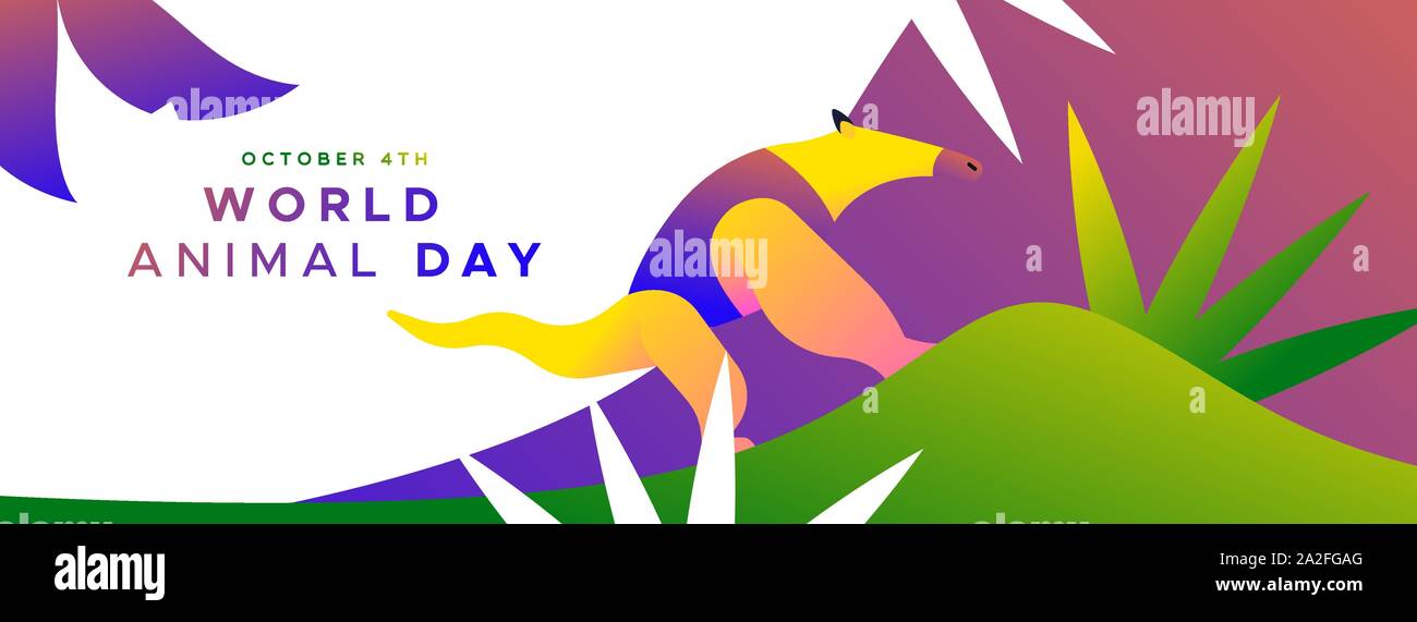 Welt Tier Tag Web Banner Abbildung: bunte Ameisenbär in modernen pulsierenden Farbverlauf. Gefährdete Arten Schutz oder Wildlife conserv Stock Vektor