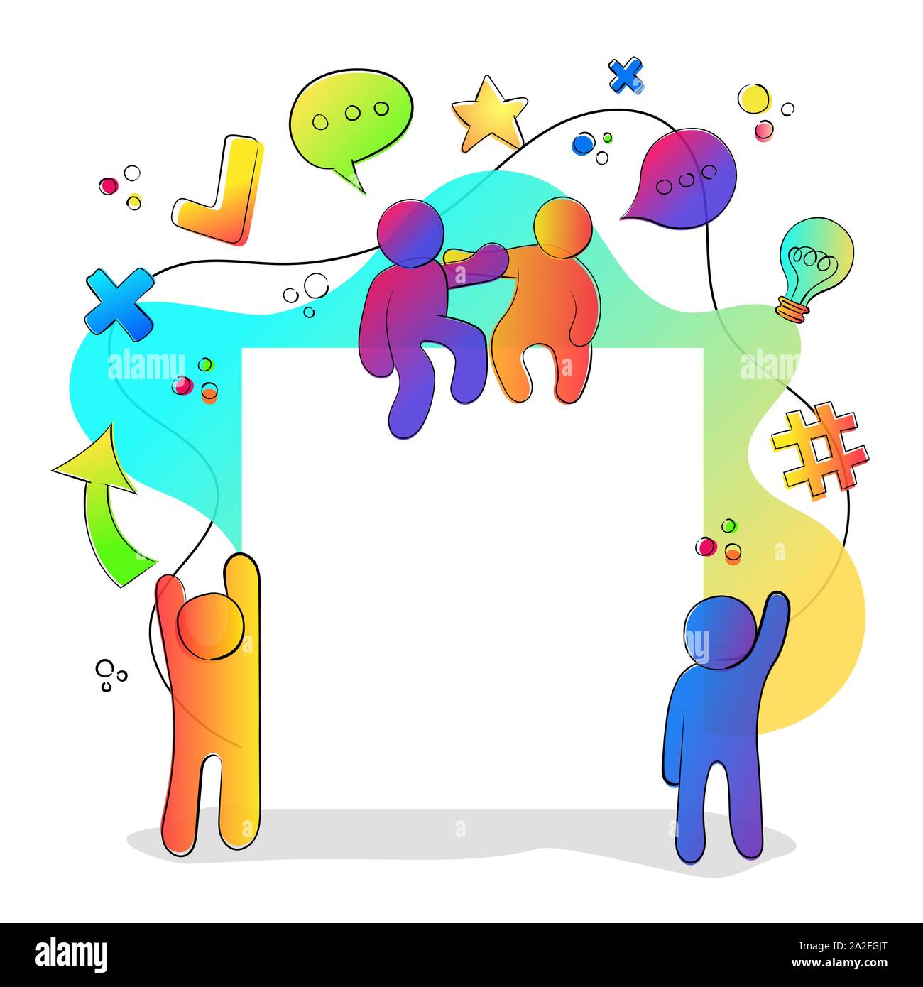 Bunte Menschen mit social media Icons und leere weiße Kopie space frame in der modernen Farbverlauf. Stock Vektor