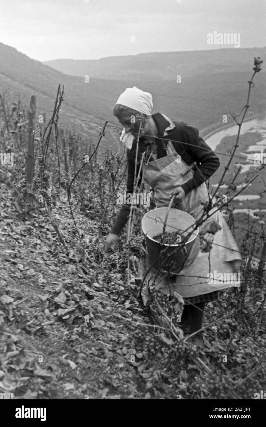 Eine junge Frau bei der Gebäude in Serrig, Deutschland 1930er Jahre. Junge Frau vintaging in Serrig, Deutschland 1930. Stockfoto