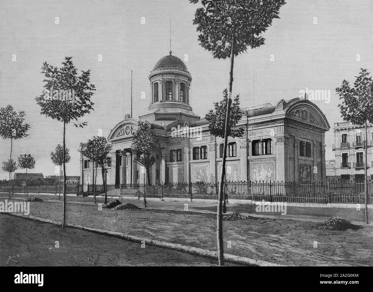 España. Cataluña. Villanueva y Geltrú. Exterior del Edificio de La Biblioteca Museo Víctor Balaguer, fundado en 1884 por el escritor Víctor Balaguer. Grabado por Bernardo Rico (1825-1894). La Ilustración Española y Americana, 8 de Abril de 1884. Stockfoto