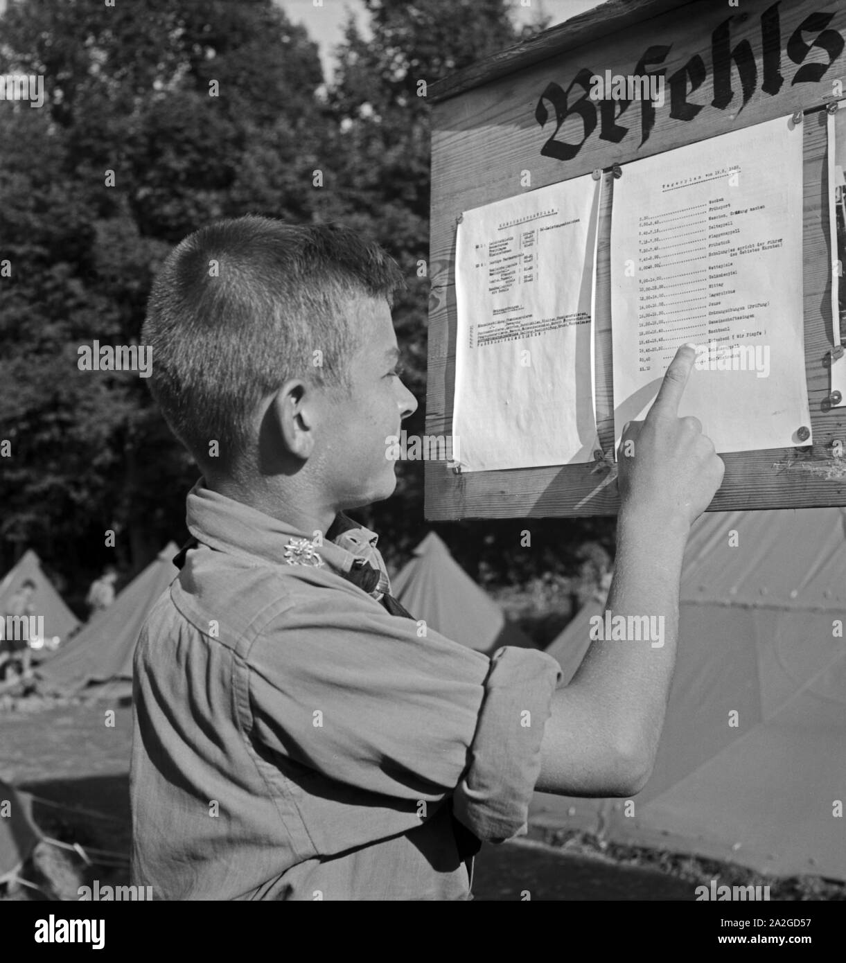 Ein Hitlerjunge schaut sich den Tagesbefehl am Schwarzen Brett im Hiitlerjungend Lager ein, Österreich 1930er Jahre. Ein Hitler Jugend lesen die Reihenfolge der Tag auf dem Aushang an der Hitler Jugend Camp, Österreich 1930. Stockfoto