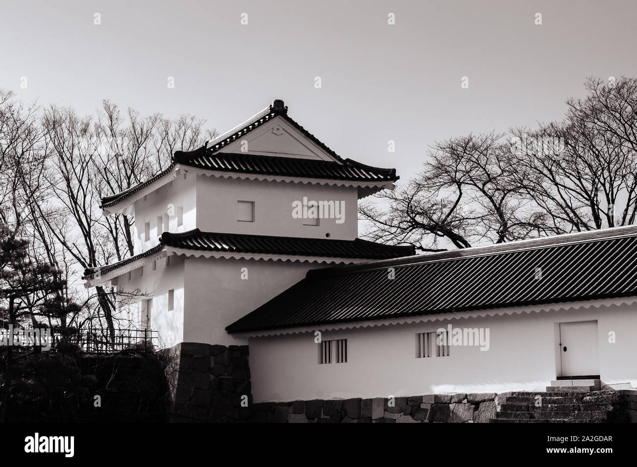DEC 4, 2018 Aizu Wakamatsu, Japan - Aizu Wakamatsu Tsuruga Schloss guard Tower schwarz-weiß-Bild. Fukushima Samurai Herr fortess in Edo Periode Stockfoto