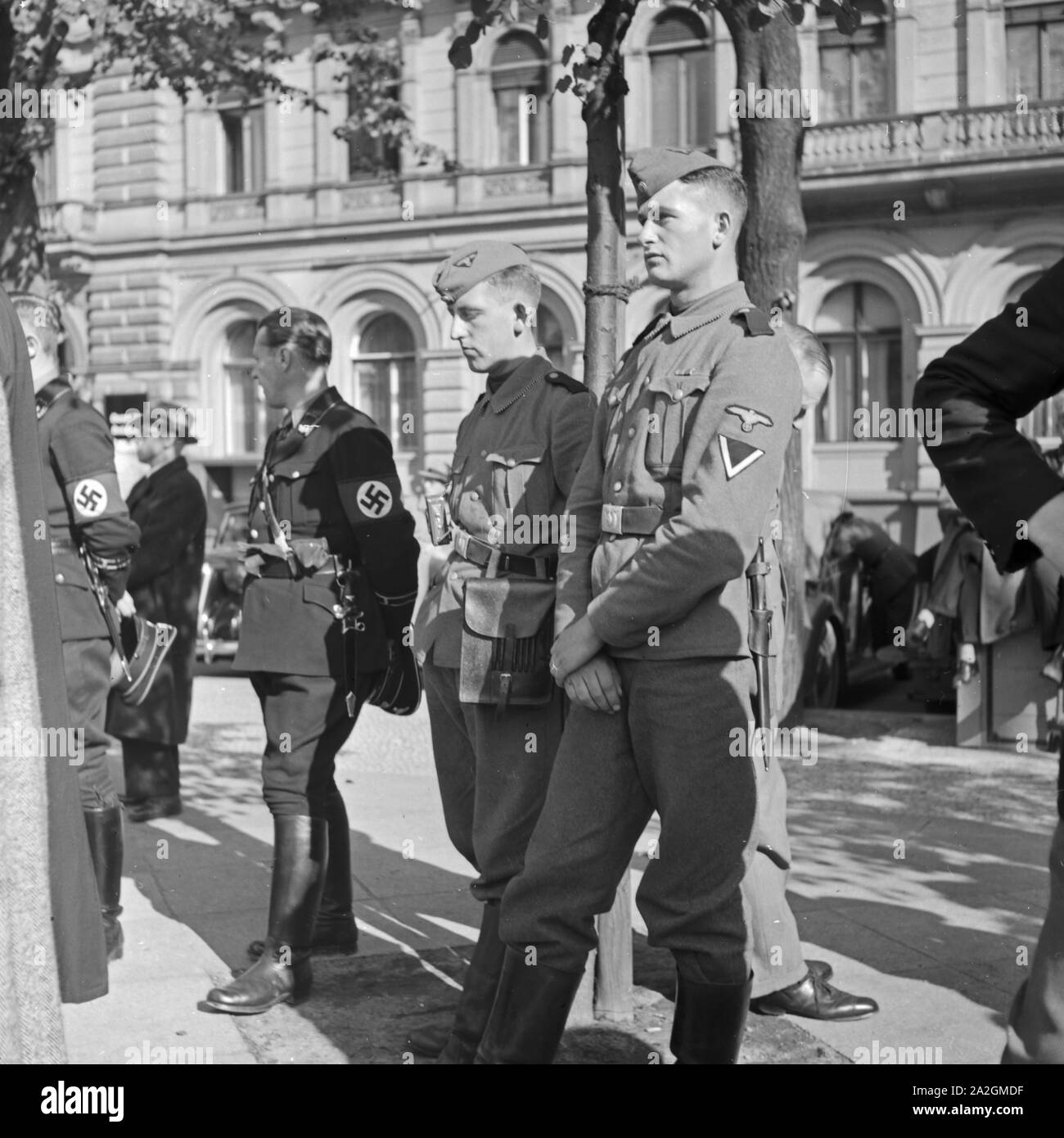 Wehrmachtssoldaten und SS-Leute im Hof von Schloss Sanssouci in Potsdam, Deutschland 1930er Jahre. Werhamcht Soldaten und SS-Männer in den Gärten von Schloss Sanssouci in Potsdam, Deutschland 1930. Stockfoto