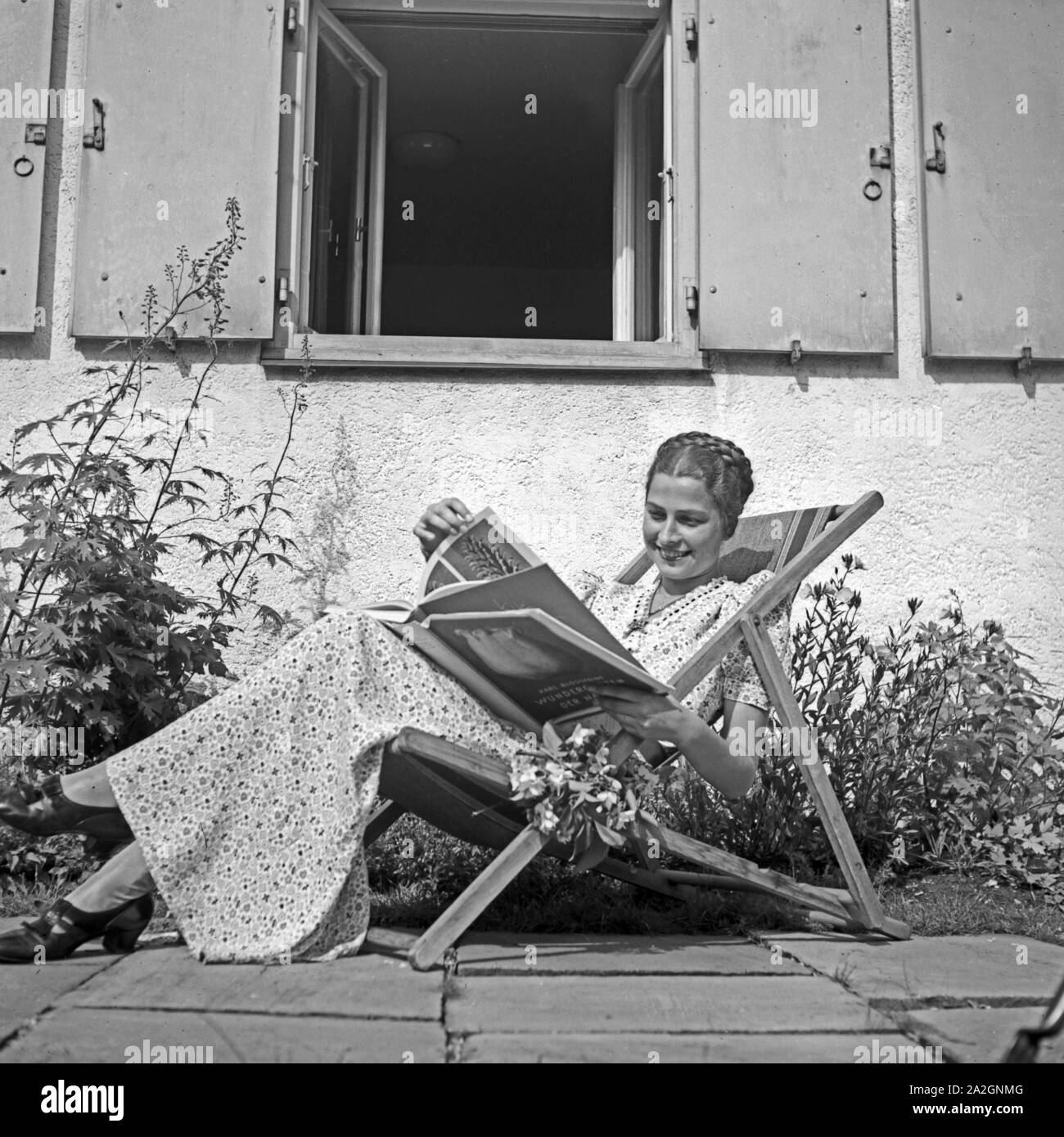 Eine Frau sitzt in einem Sonnenstuhl und blättert in einem Bildband mit Pflanzenfotografien von Karl Blossfeldt, Deutschland 1930er Jahre. Eine Frau in einem Liegestuhl sitzen und beobachten ein Fotobuch mit der Natur Fotografien von Karl Blossfeldt, Deutschland 1930. Stockfoto