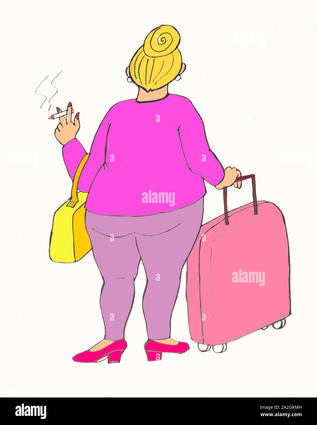 Fette Frau tragen rosa mit rosa Koffer und rauchen eine Zigarette. Abbildung. Stockfoto
