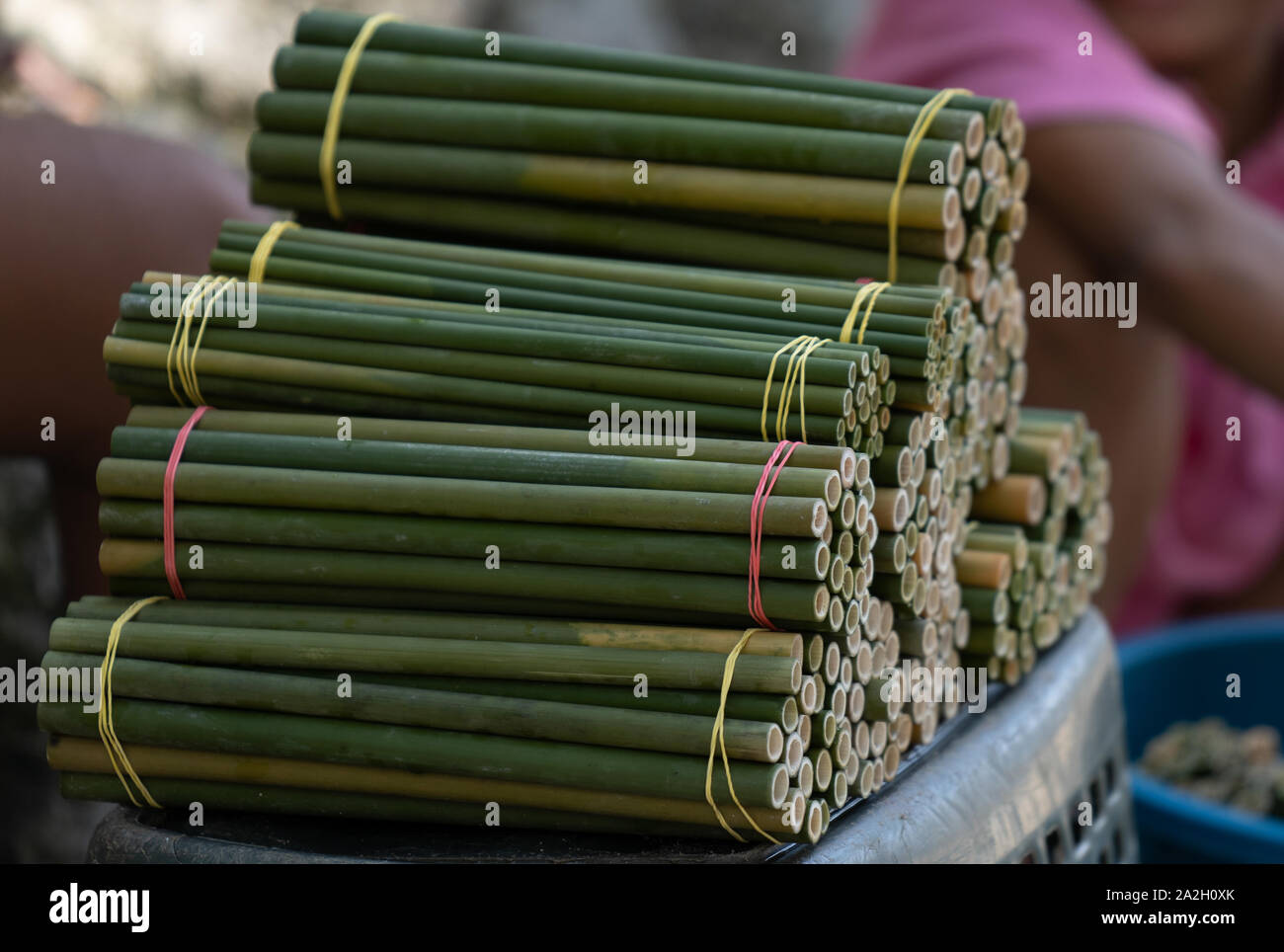 Bündel von grünem Bambus Strohhalme zum Verkauf in Siargao Island, Philippinen Stockfoto