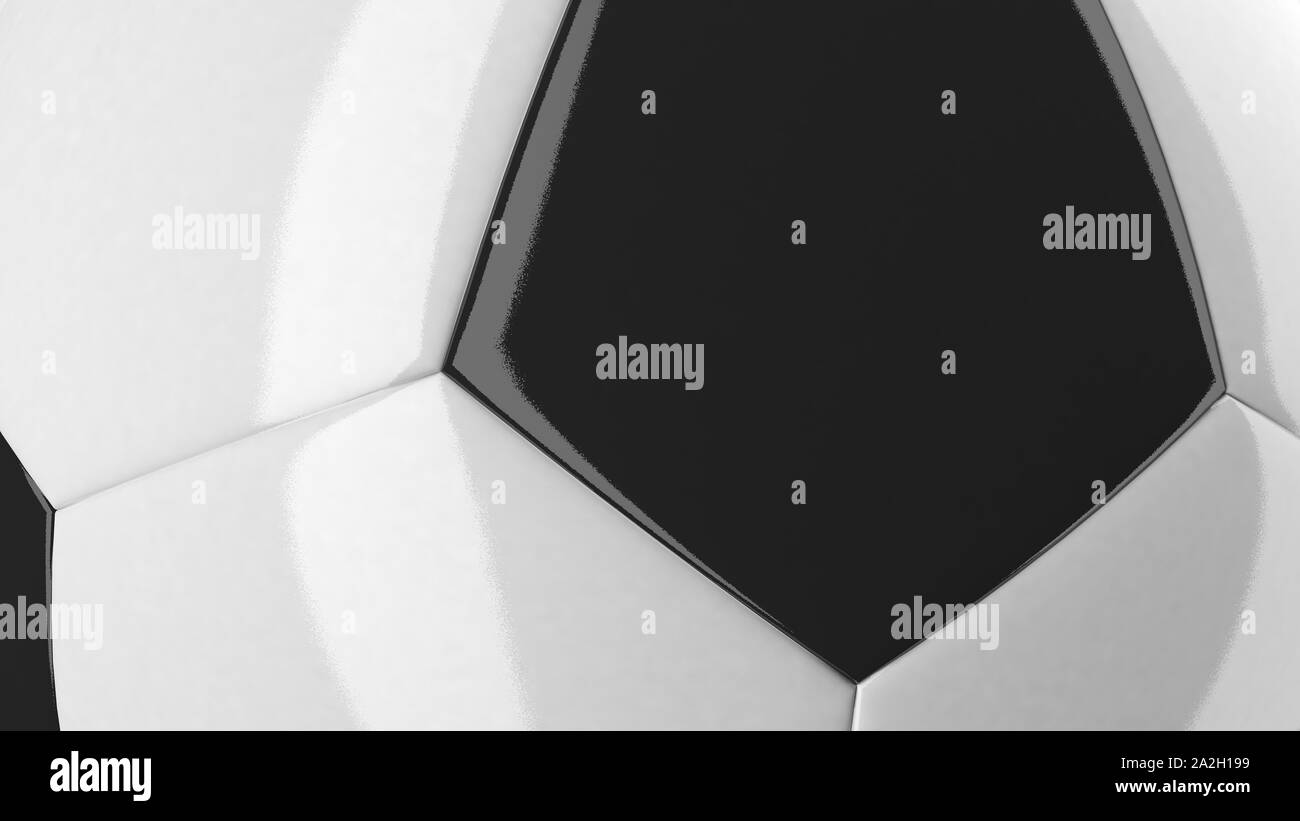 3D-Darstellung eines Fußballs weiß und schwarz mit Details auf weißem Hintergrund. Abgerundete Geometrie Fünfecken für TV-Hintergrund Stockfoto