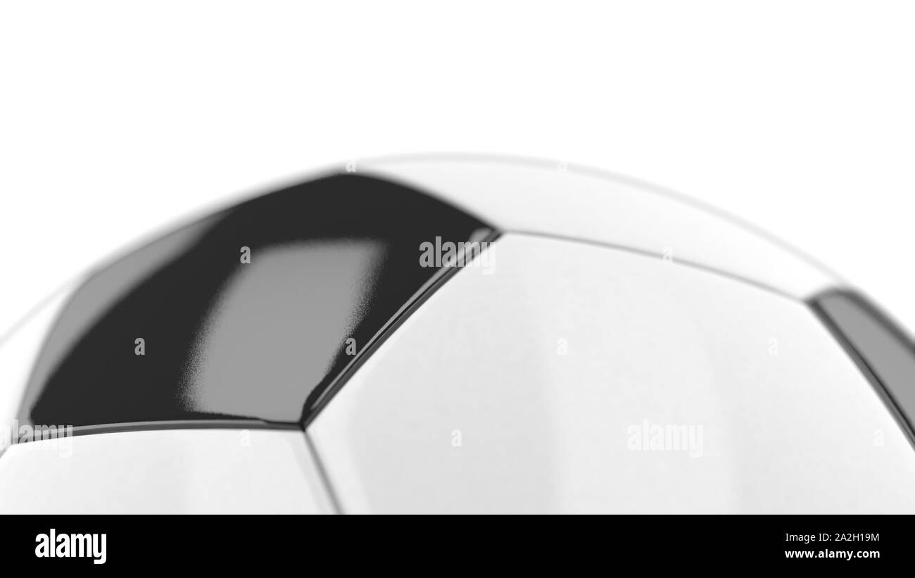 3D-Darstellung eines Fußballs weiß und schwarz mit Details auf weißem Hintergrund. Abgerundete Geometrie Fünfecken für TV-Hintergrund Stockfoto