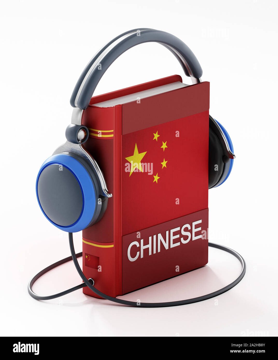 Chinesisch Wörterbuch mit Kopfhörern auf weißem Hintergrund. 3D-Darstellung. Stockfoto