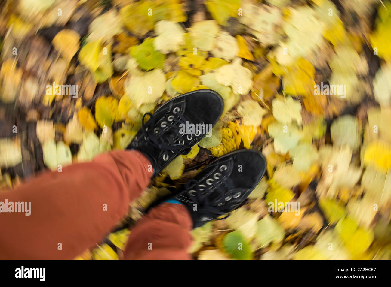 Ein Mann in Schwarz Leder Schuhe und rote Hosen steht auf dem gelben Herbst Laub von Linde, ein Blur in Bewegung im Kreis. Stockfoto