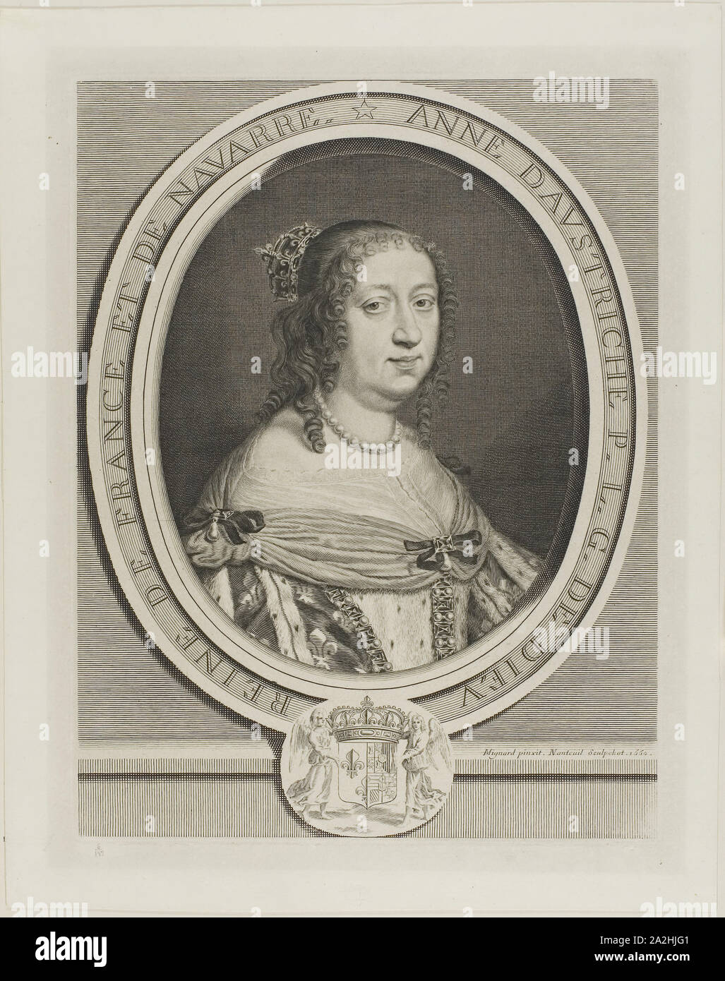 Anna von Österreich, Königin von Frankreich, 1660, Robert Nanteuil (Französisch, 1623-1678), nach Pierre Mignard I (Französisch, 1612-1695), Frankreich, Gravur auf Papier, 327 x 250 mm (Platte), 382 × 302 mm (Blatt Stockfoto