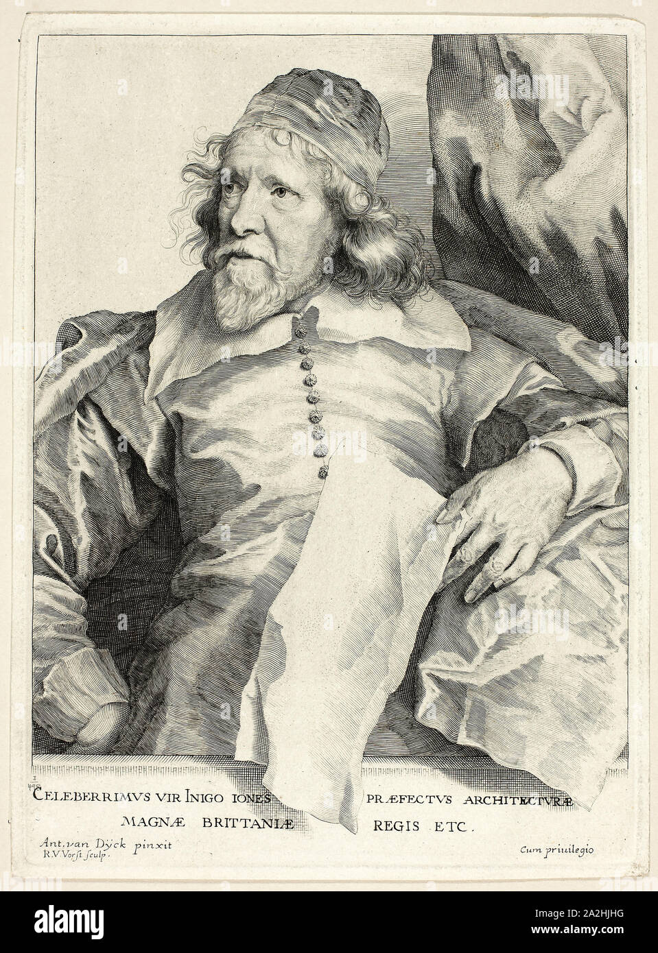 Inigo Jones, 1630/36, gedruckt C. 1800, Robert Van Voerst (Flämisch, 1597-1636/37), nach Anthony van Dyck (Flämisch, 1599-1641), Flandern, Gravur in Schwarz auf Elfenbein webte Papier, 243 x 177 mm (Platte), 252 x 185 mm (Blatt Stockfoto