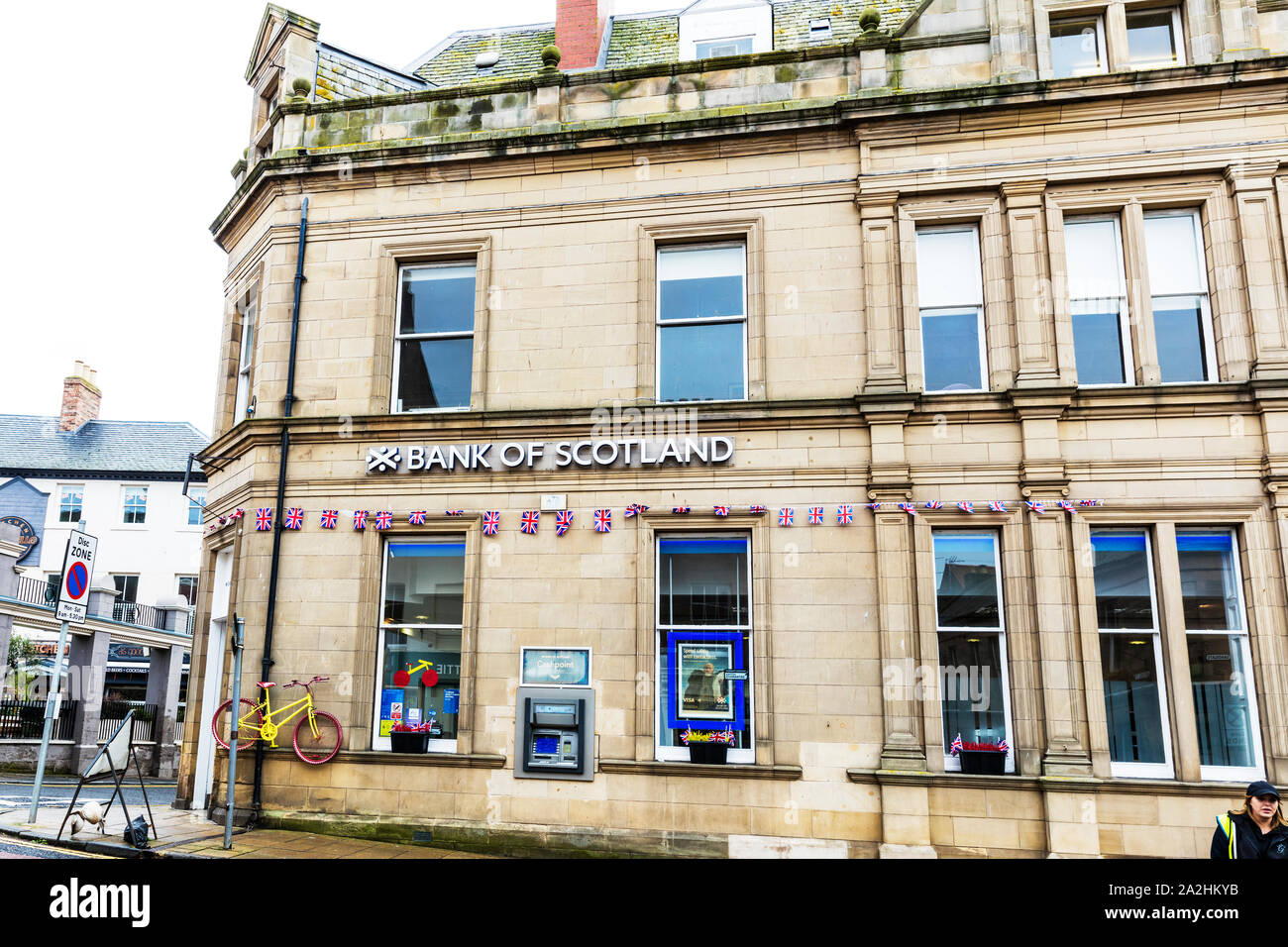 Bank von Schottland cashpoint Maschine, Berwick upon Tweed, Northumberland, Großbritannien, England, ATM, Geldautomaten, Bank von Schottland, Logo, High Street Bank Stockfoto