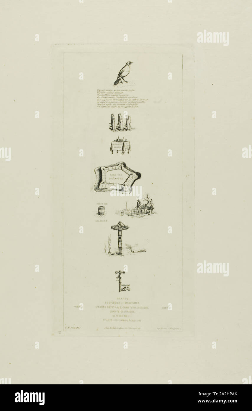 Rebus: Béranger war nicht wirklich stark, für die er nie den Schlüssel der Felder 1863, Charles Meryon (Französisch, 1821-1868), gedruckt von pierron (Französisch, 19. Jahrhundert), veröffentlicht durch Rochoux (Französisch, 19. Jahrhundert), Frankreich hatte, Ätzung auf Elfenbein Bütten, 291 × 125 mm (Bild), 306 x 151 mm (Platte), 450 x 297 mm (Blatt Stockfoto