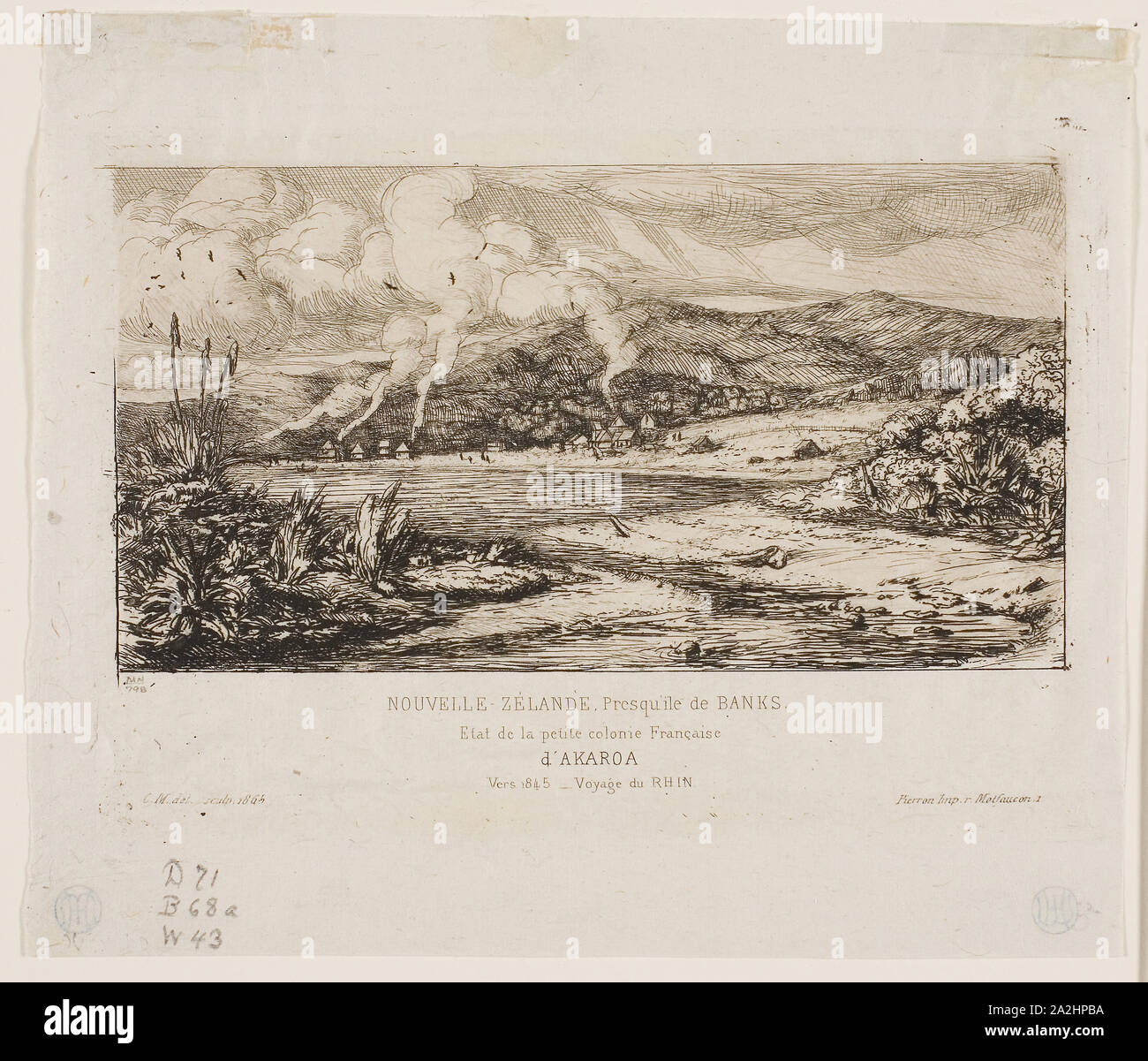 Die Kleine französische Kolonie in Akaroa, 1845, 1865, Charles Meryon, Französisch, 1821-1868, Frankreich, Ätzung auf grau Elfenbein Bütten, 87 × 153 mm (Bild), 108 x 153 mm (Platte), 144 × 168 mm (Blatt Stockfoto