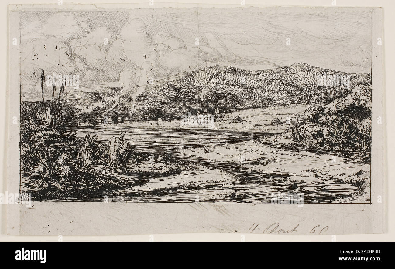 Die Kleine französische Kolonie in Akaroa, 1845, 1865, Charles Meryon, Französisch, 1821-1868, Frankreich, Ätzen und Kaltnadel, mit Graphit Zugänge im Himmel grau Elfenbein Bütten, 95 × 152 mm (Bild), 96 × 157 mm (Blatt Stockfoto
