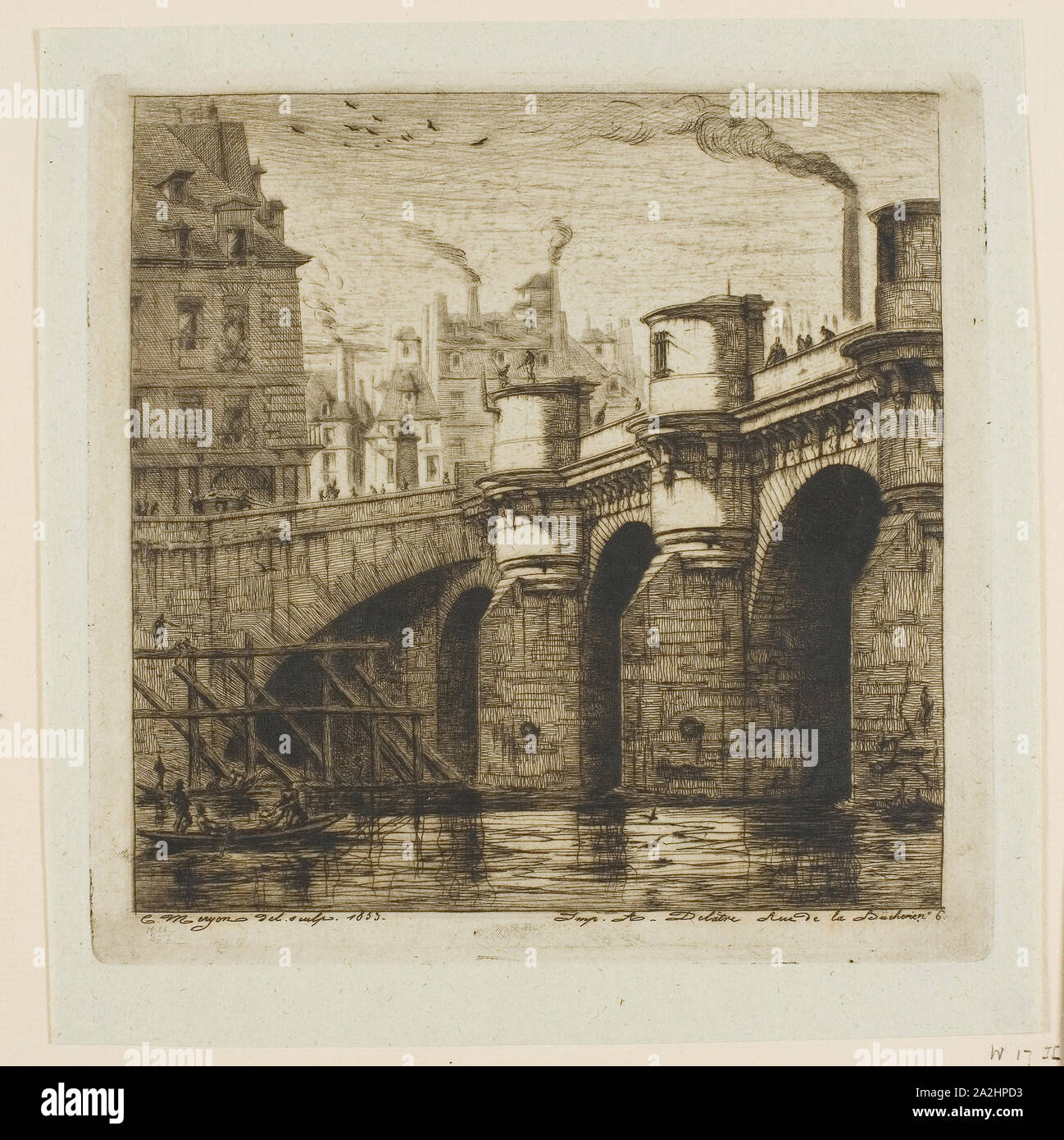 Pont-Neuf, Paris, 1853, Charles Meryon (Französisch, 1821-1868), von Auguste Delâtre (Französisch, 1822-1907), Frankreich, Radierung gedruckt und kaltnadelradierung in Braun auf verdâtre grünlich Bütten, aufklappbar, creme Bütten, 180 × 182 mm (Bild), 180 × 182 mm (Platte), 206 × 201 mm, (Primary Support), 311 × 446 mm (sekundäre Unterstützung Stockfoto