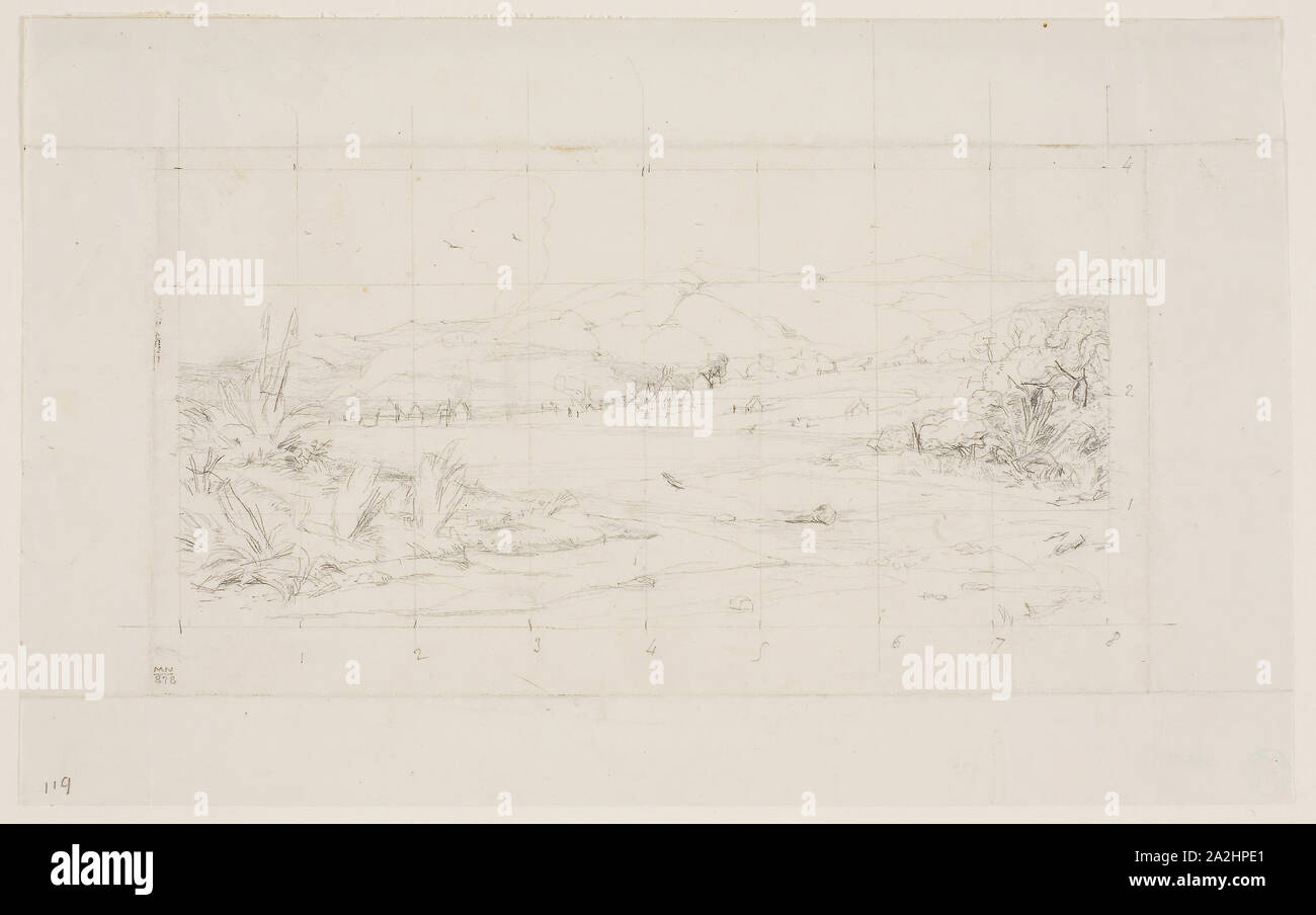 Die Kleine französische Kolonie in Akaroa, 1845, 1865, Charles Meryon, Französisch, 1821-1868, Frankreich, Côte d'Ivoire webten Graphit auf Papier, 125 x 201 mm Stockfoto