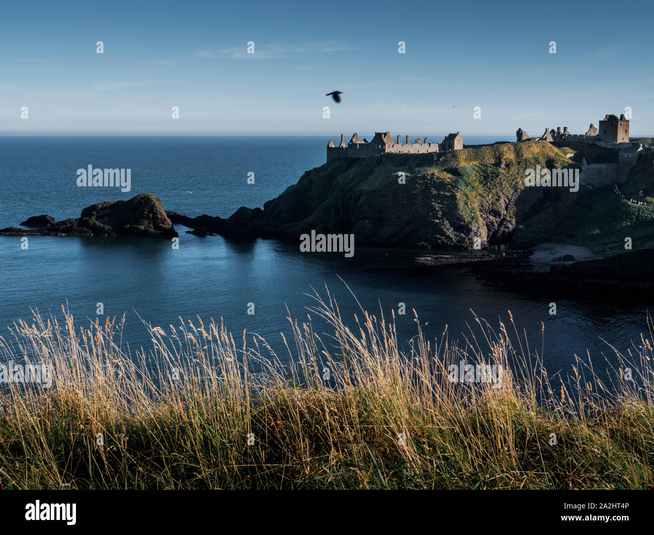 Ansicht des Dunnotar Castle. Schottische zerstörte Burg auf einer Insel in der Nähe von dem Meer entfernt. Stockfoto