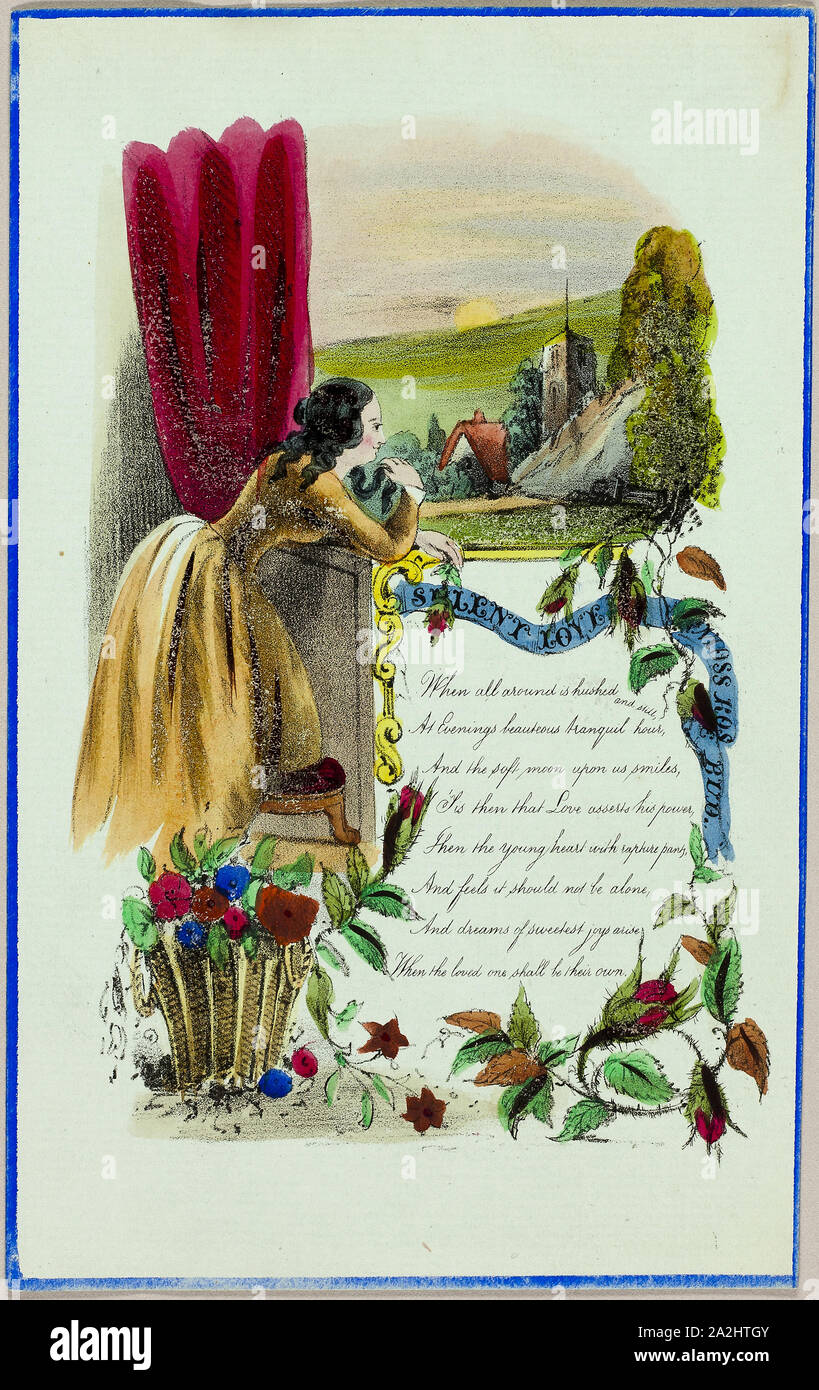 Stiller Liebe (Valentinstag), C. 1840, unbekannter Künstler, Englisch, 19. Jahrhundert, England, Lithographie mit hand-Färbung auf Blau-grün Bütten, 184 × 115 mm (gefaltete Blatt Stockfoto