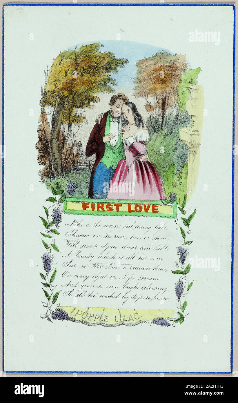 Erste Liebe (Valentinstag), C. 1840, unbekannter Künstler, Englisch, 19. Jahrhundert, England, Lithographie mit hand-Färbung auf Blau-grün Bütten, 184 × 116 mm (gefaltete Blatt Stockfoto